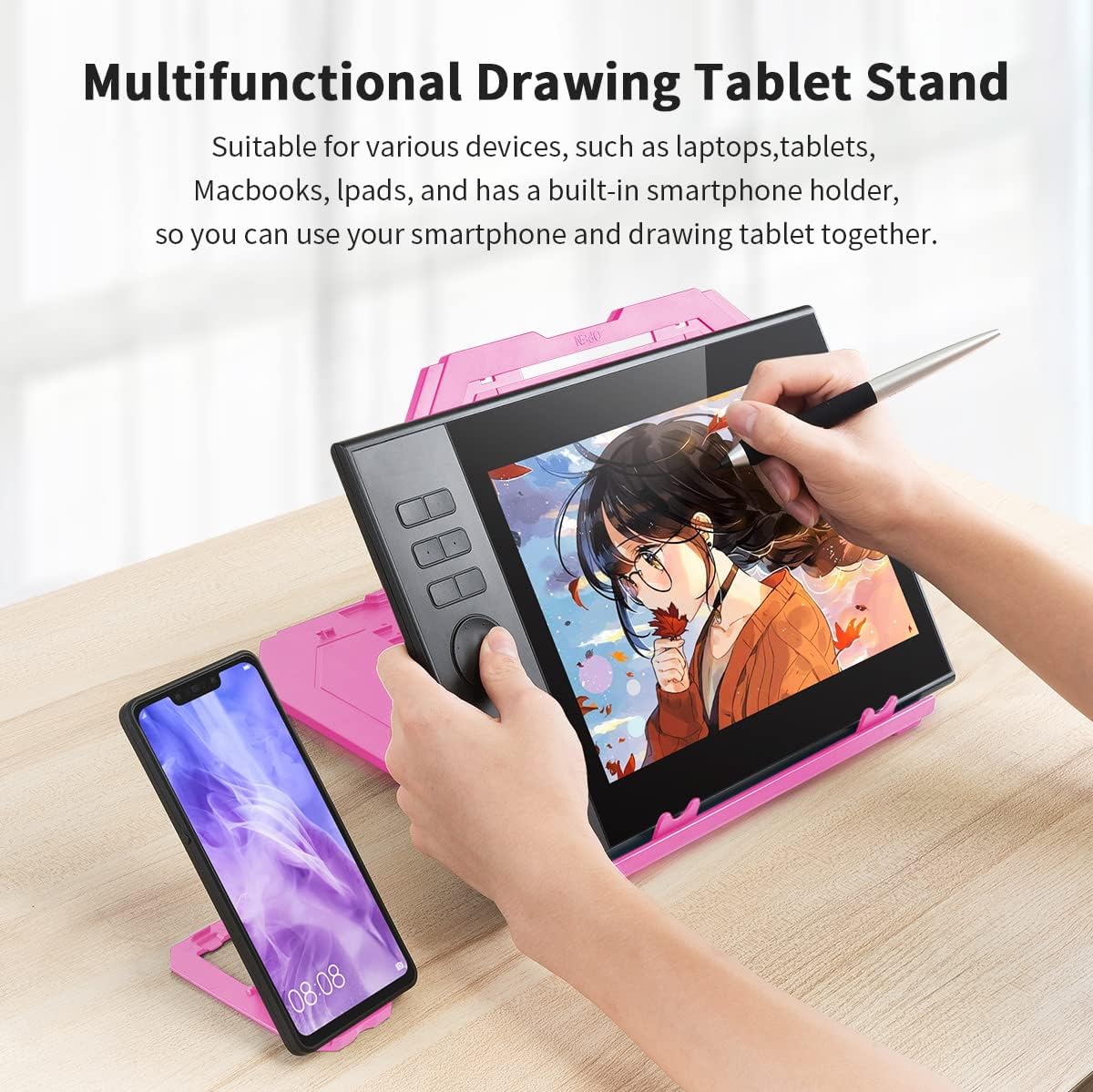 Drawing Tablet Stand, Laptop Foldable Stand for Tablet Display, 9 Levels Adjustable Angles with a Built-in Phone Holder, for 12-17 inch Drawing Tablet, Smartphones