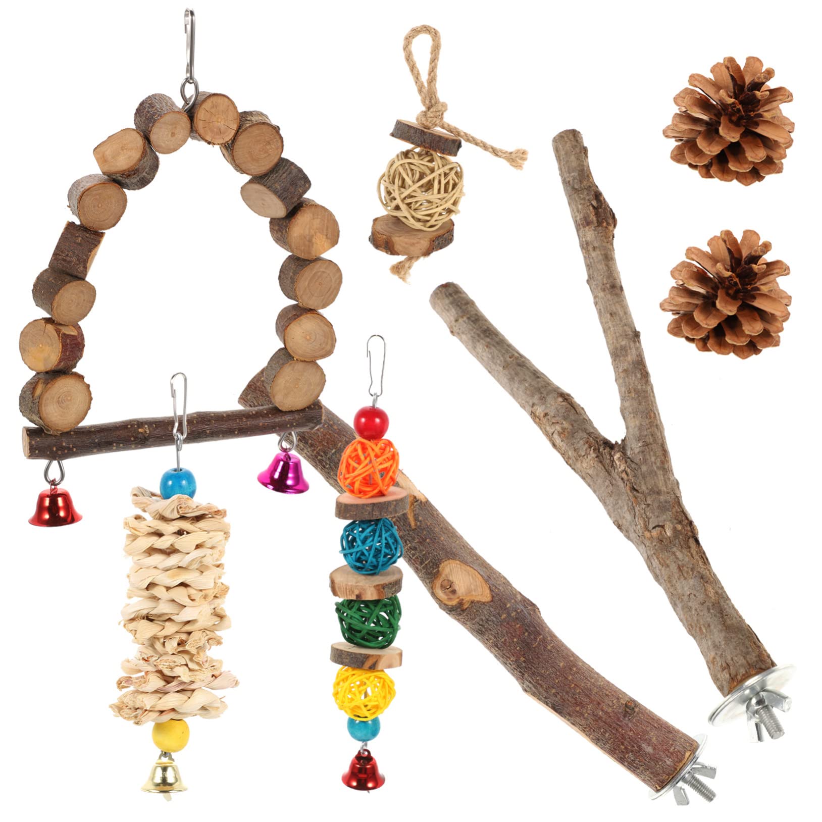 WOONEKY Vogelspielzeug Set Aus Apfelholz Für Papageien Und Wellensittiche Teiliges Kauspielzeug Mit Bunten Perchen Und Haken Für Vogelkäfige Fördert Das Kauen Aktivität