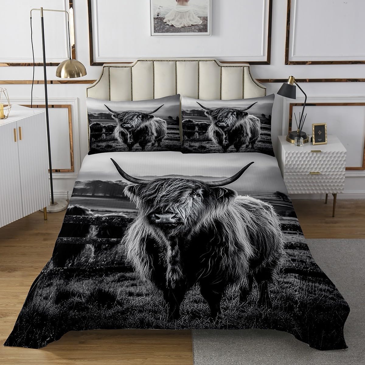 Highland Cow Bedspread King Size Grey Bull Cattle Quilted Funny Farmhouse Wildlife Animal Coverlet Set For Kids Boys Girls Teens Western Cowboy Style Bedspread Quilt Set Adult Bedroom Decor