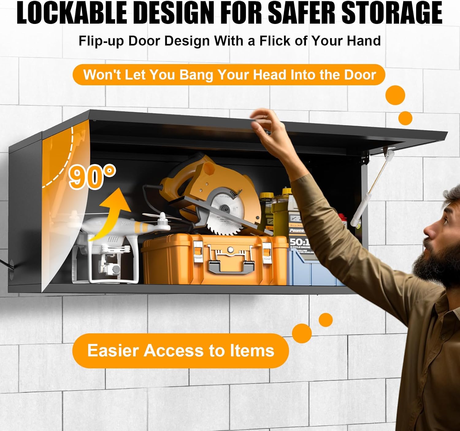 Image demonstrating the flip-up door opening to a 90-degree angle, showing how it provides easier access and prevents head bumps.