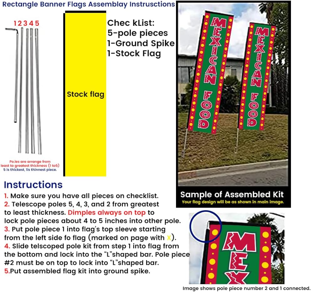 Mexican Food Rectangle Feather Banner Flag Sign with 15' FT Pole Kit and Ground Spike - Perfect for Restaurants Outdoor Display Banner (Red/Green)