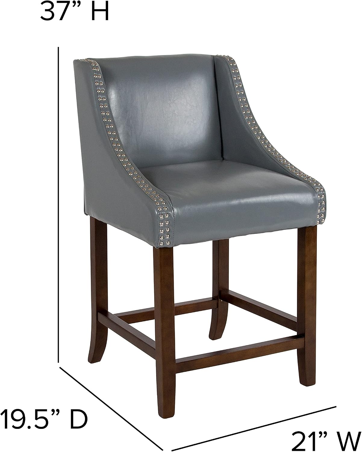 EMMA + OLIVER 24" High Walnut Counter Height Stool-Lt Gray LeatherSoft Accent Nail Trim, Set of 2