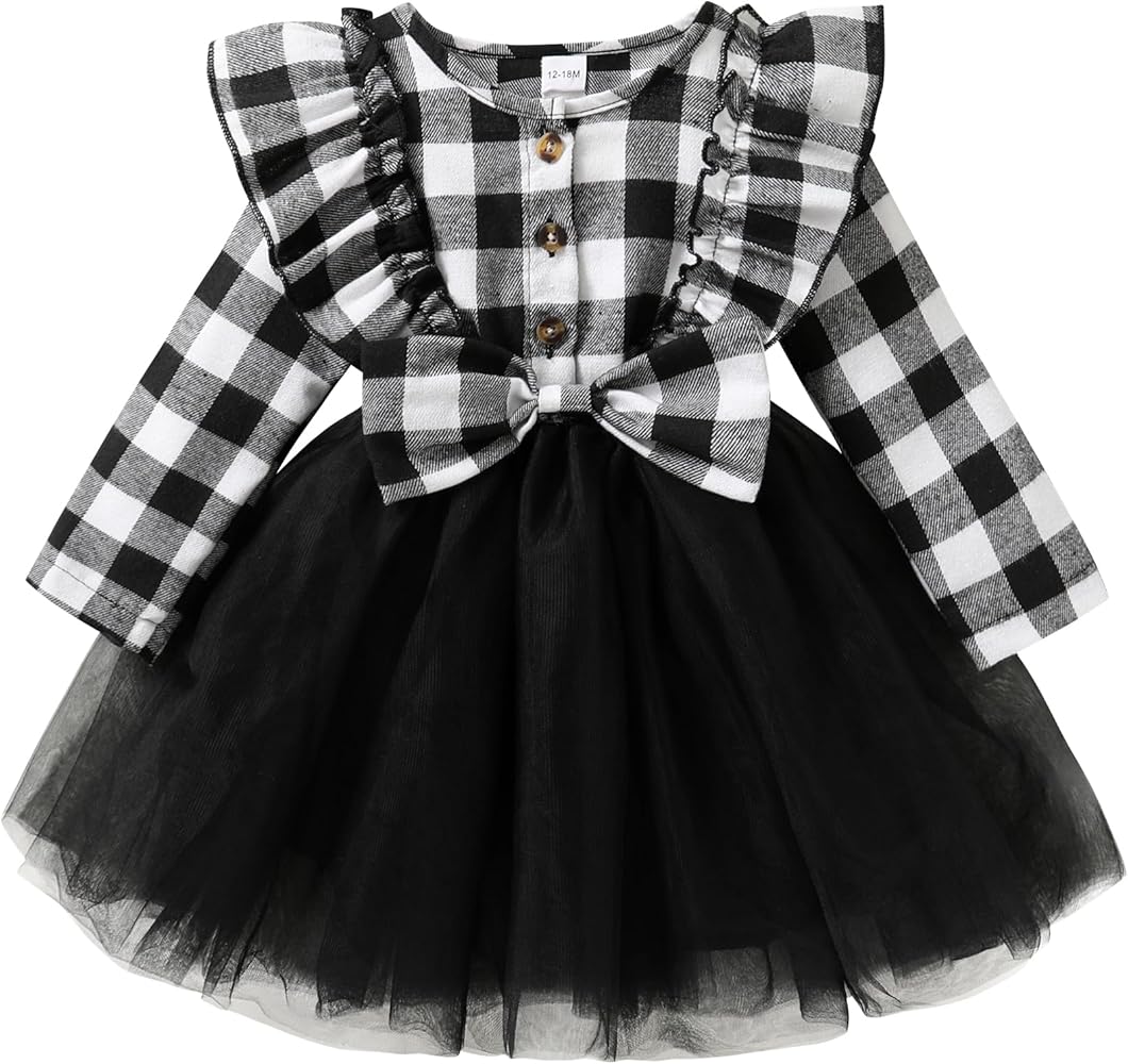 Amazon.com: YOUNGER TREE Toddler Kids Girls Clothes Christmas Dress Ruffle  Red Plaid Black Mesh Skirt Outfits Overall Fall Winter(12-18 Months,Black  White Tulle Dress): Clothing, Shoes & Jewelry