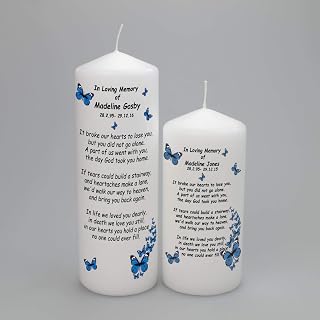 Personalised Memorial Remembrance pillar candle with butterflies- different colours available -"In Loving memory of" by Just Candles