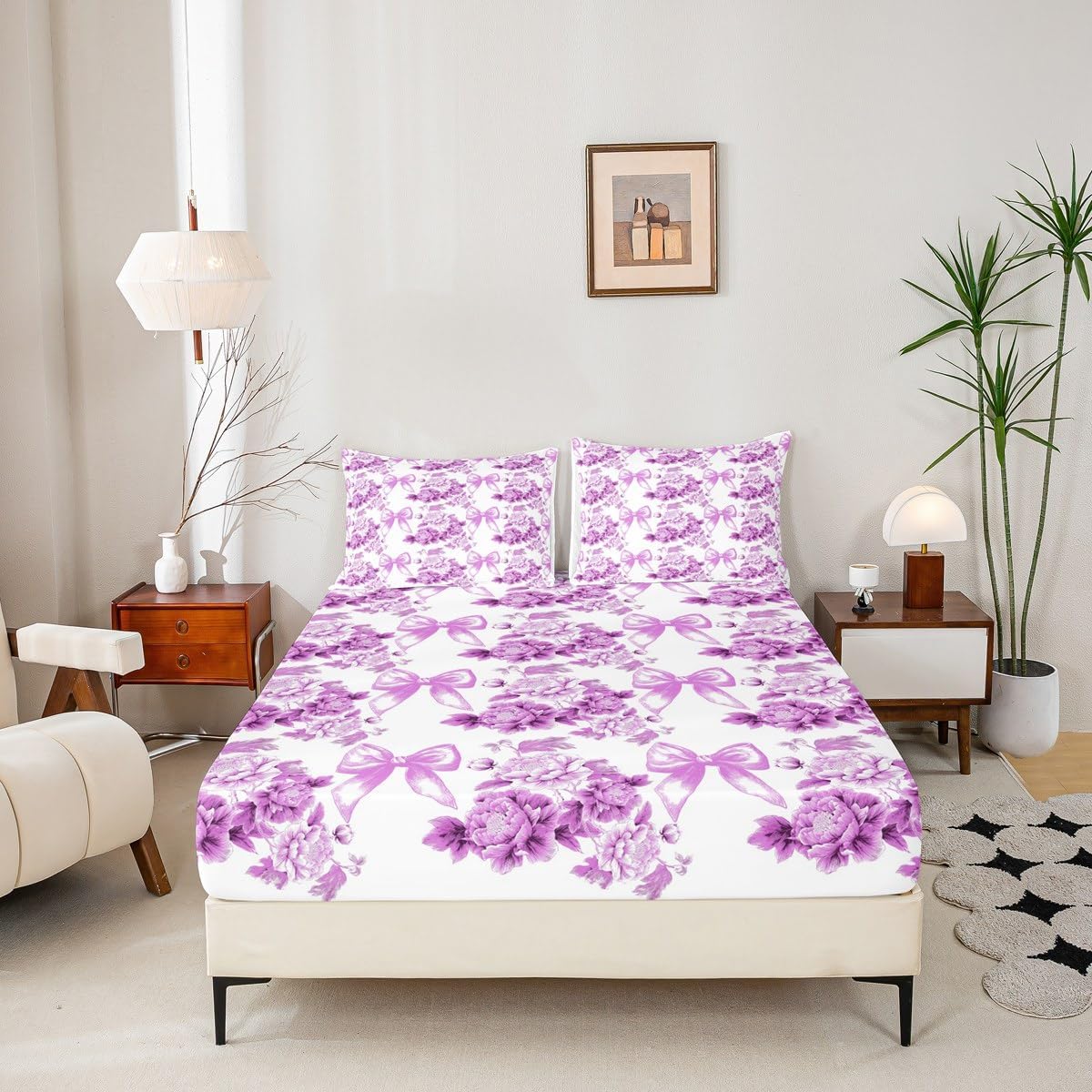 Homewish Bowknot Flowers Kids Sheet Queen Size,Bow Tie Floral Leaf Plant Easy Wash Bedding Set,Botanical Rustic Natural Kids Room Decor,Baby Purple Sheet(Fitted+Flat+2 Pillowcases)