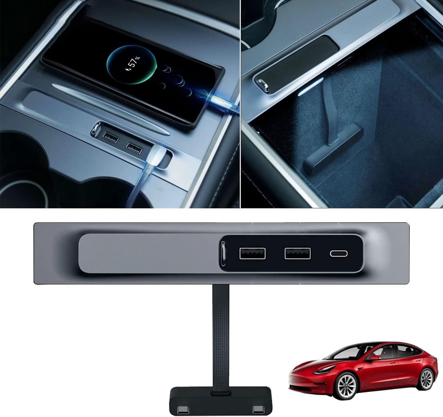 3 in 1 USB HUB Center Console Docking Station Quick Charge Multiport HUB Adapter with LED Light Replacement for Tesla Model 3/Y