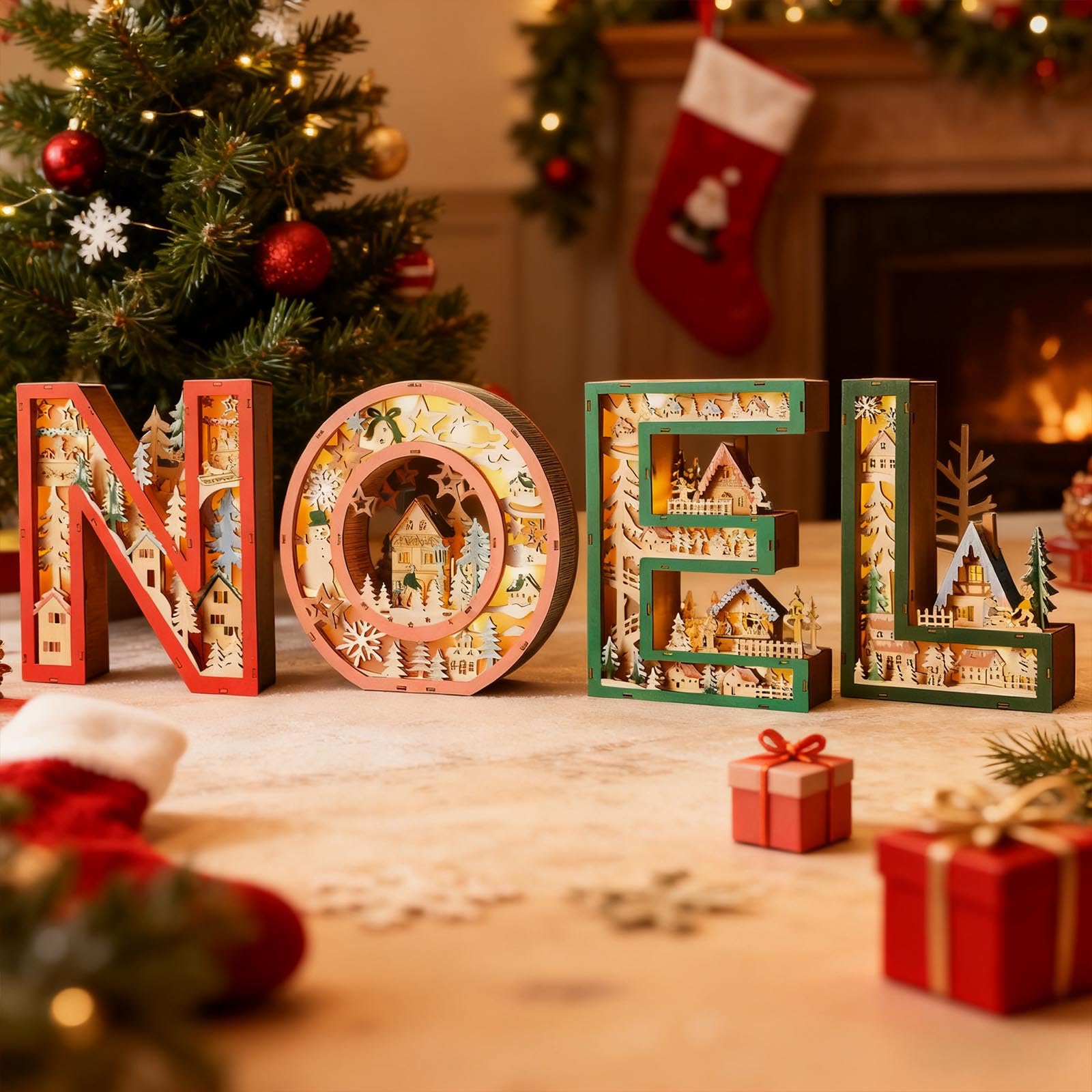 Decoración navideña de Madera Brillante con luz LED Lámpara de Escritorio de Madera con Letras Huecas para repisas Estante Exhibición de Entrada Decoración del árbol de Navidad