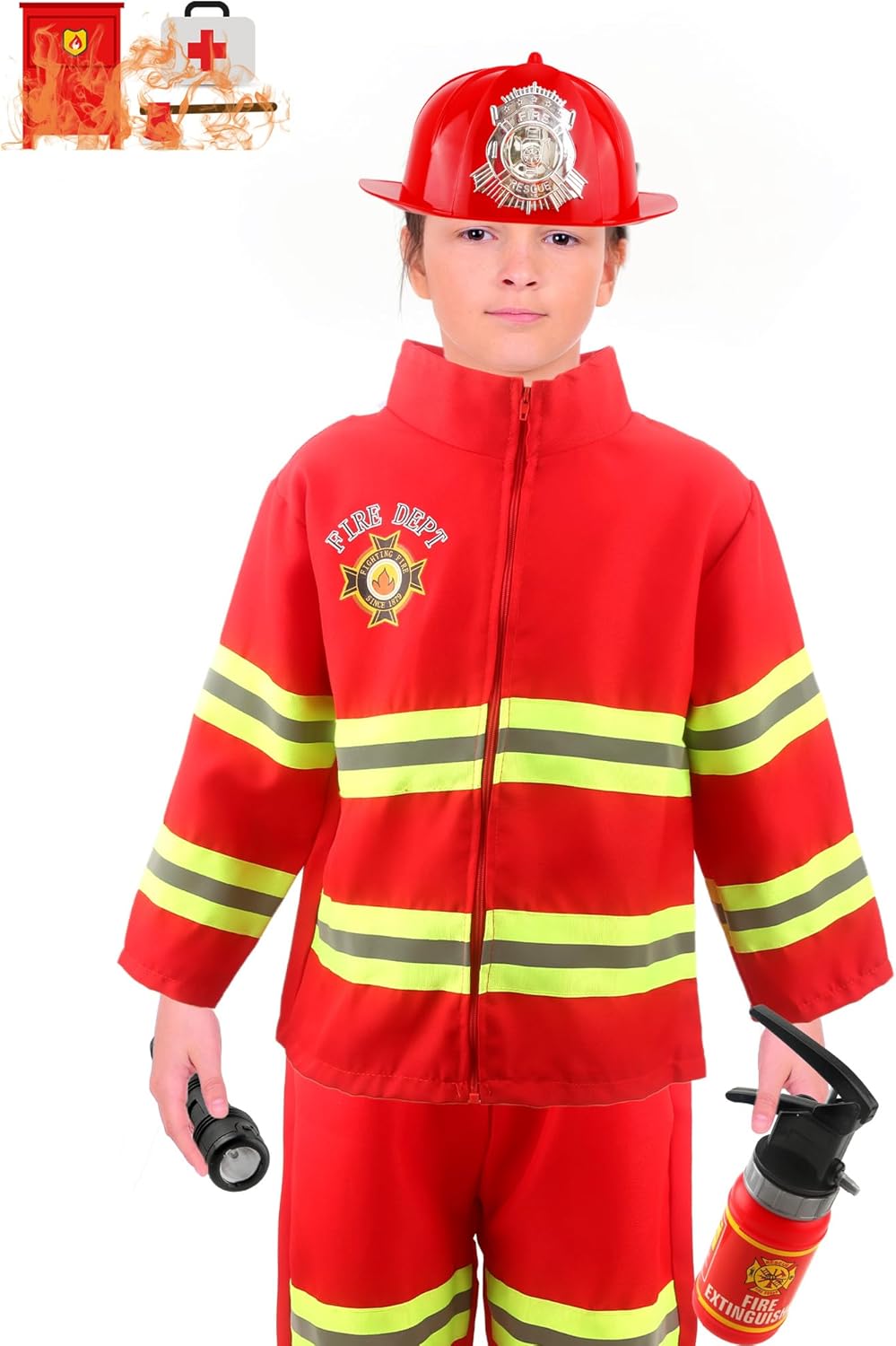 17 Pcs Kids Fireman Costume Set Fire Chief Firefighter Dress Up Outfits for Halloween Pretend Role Play Toys