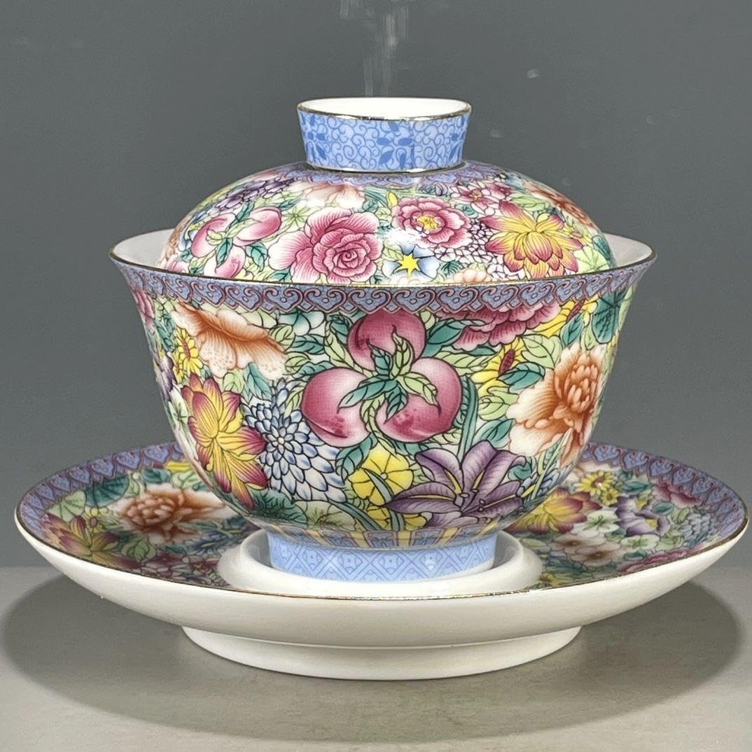 中国茶器 琅彩花卉図紋三才蓋碗 景徳镇 蓋付き茶器 飲茶食器 煎茶具 未使用品 キッチン用品 中国茶器 琅彩花卉図紋三才蓋碗 景徳镇 蓋付き