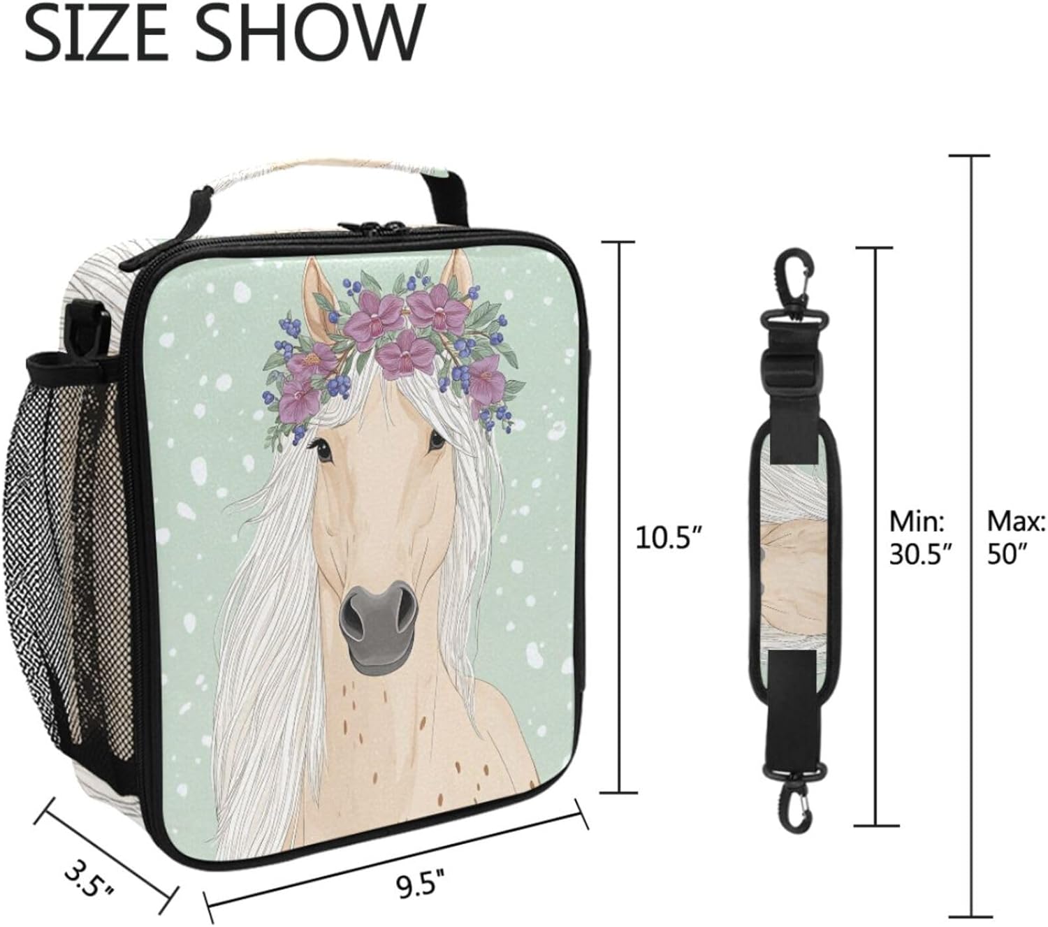 Pfrewn Cute Horse Lunch Box Unicorn Animals Flowers Fairytale Insulated Lunch Bag Reusable Cooler Meal Prep Bags Lunch Tote with Shoulder Strap for Office Adults School Kids Girls Teens