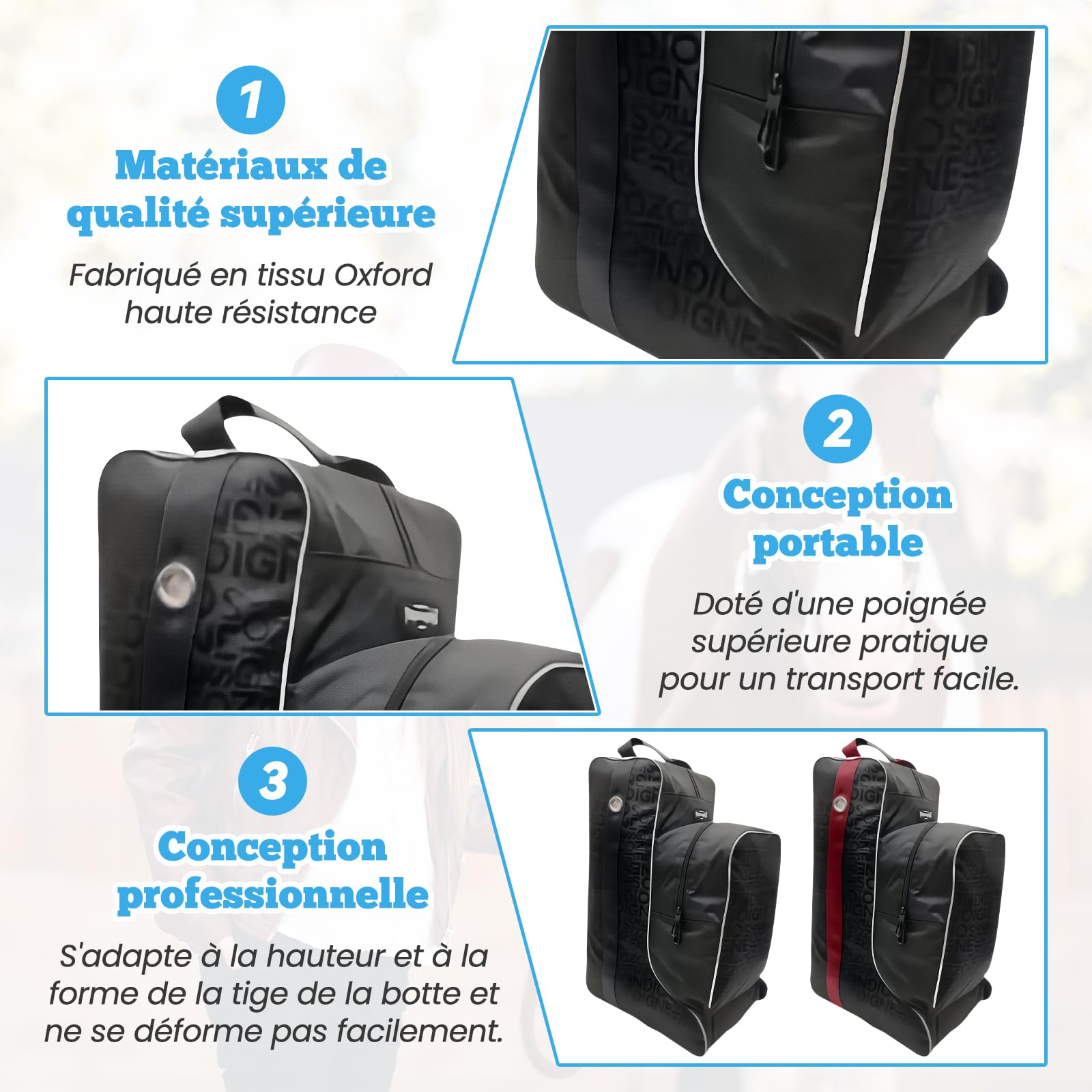Pack Équestre, Sac de Transport Grande Capacité pour Bottes d'Équitation, Rangement Équestre en Tissu Oxford, Sac à Bottes Hautes avec Poignée pour Sport/Maison/Compétition/Équitation, Total Noir