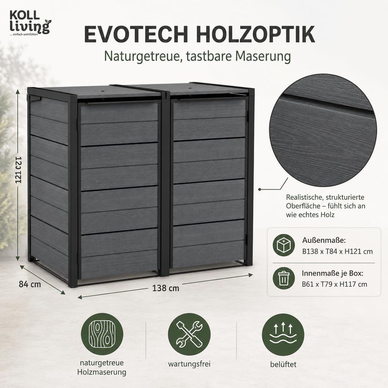 Koll Living Mülltonnenbox Hide Away | 480 Liter, flexibel erweiterbar | Stahlrahmen | mit Gasdruckfedern | Anthrazit | naturgetreue Holzoptik | wetterfest & wartungsfrei | belüftet