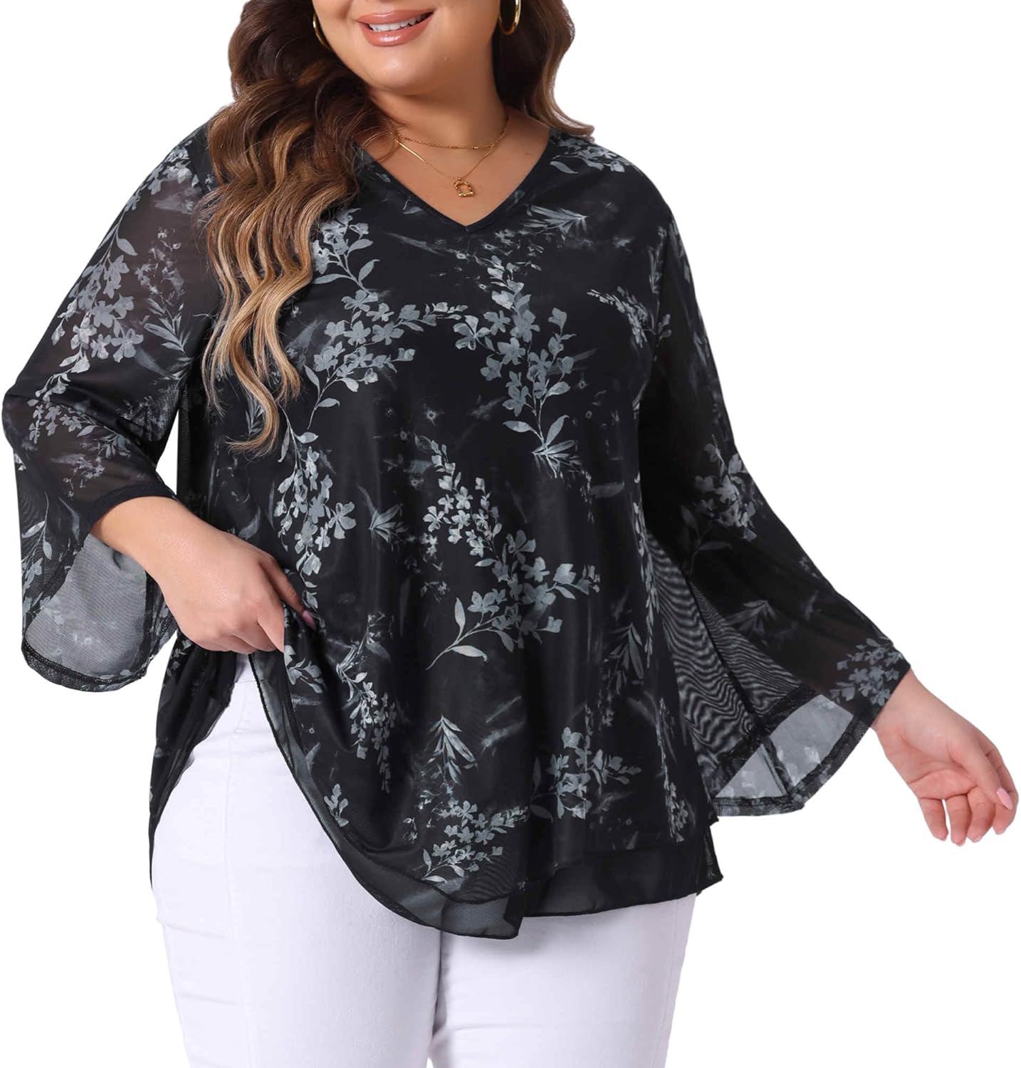 Agnes Orinda Plus Size Women's Dressy Blouse V Neck Mesh Casual Flowy Work Shirts 3/4 Flared Sleeve Tunic Tops