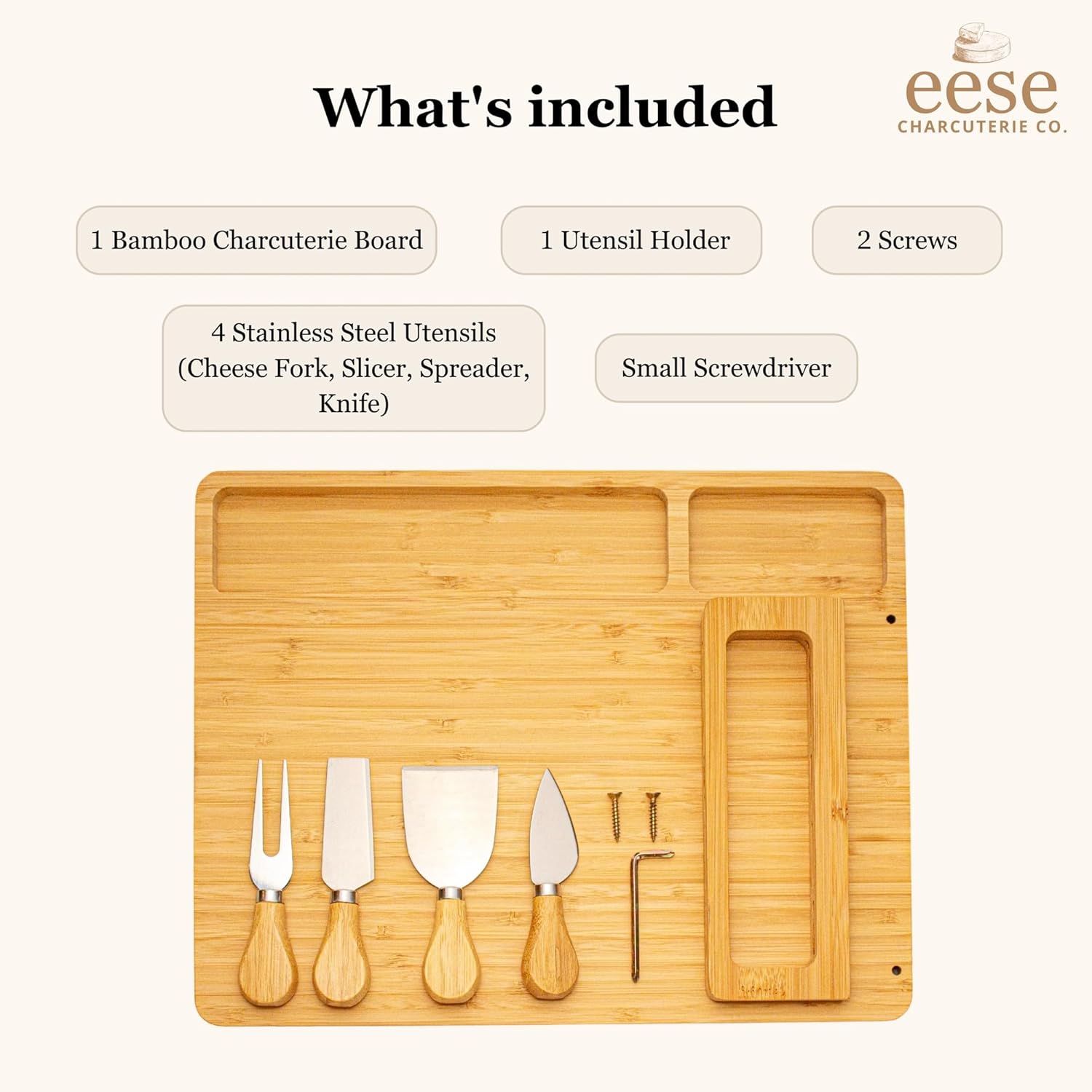 Eese Charcuterie Board Set- Bamboo Charcuterie Boards 14x11 Inch Serving Tray with Cheese Knife Set, Deep Groove Cheese Board & Utensil Holder, Cheese Tray Gift for Entertaining, Wine Nights & Parties