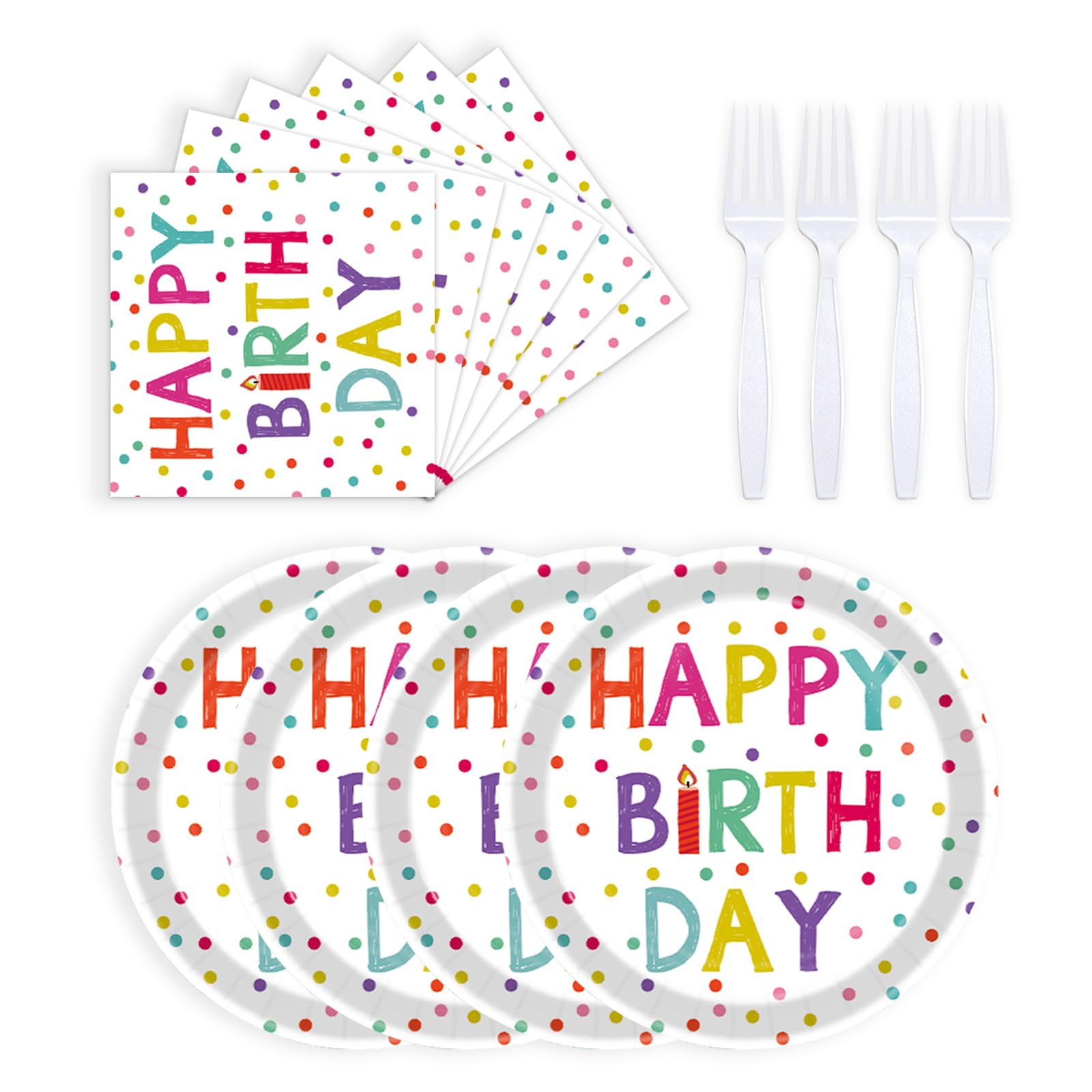 KFJBPB 72 Pcs Birthday Plates and Napkins Party Supplies,Happy Birthday Party Plates Napkins Dots Design Tableware Set Decorations for Serves 24 (