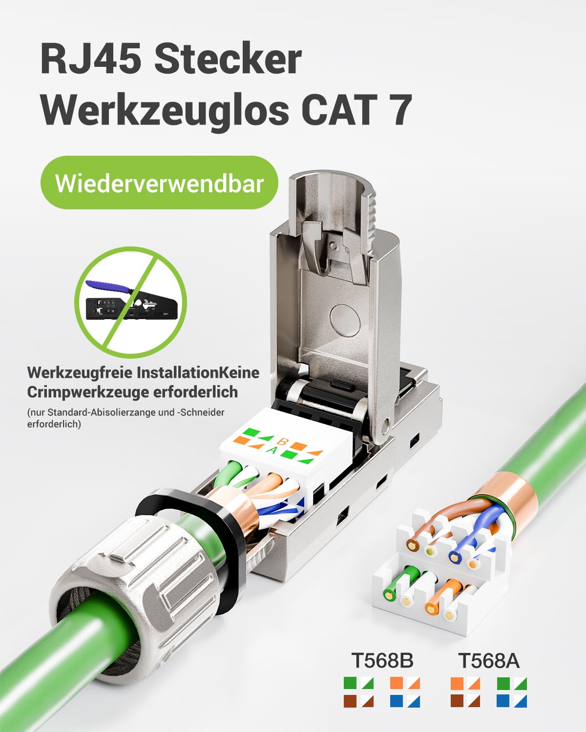 Lan - Connettore Cat 7 senza attrezzi, 10 Gbps 600 MHz, placcato oro, RJ45, senza attrezzi POE per Cat7 Cat6A, cavo di collegamento schermato, cat7, senza attrezzi, riutilizzabile, 24 pezzi