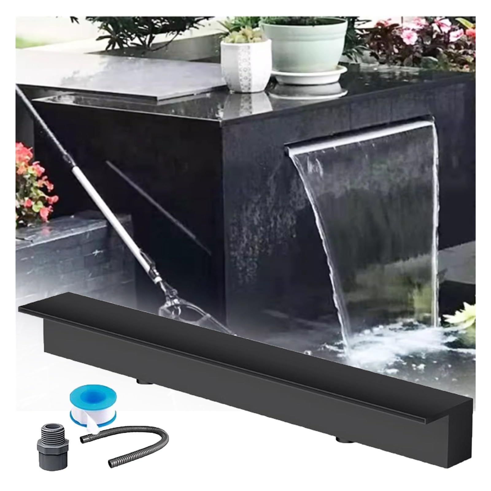 42" Stainless Steel Black Waterfall Spillway - Koi Pond Fountain, Outdoor Garden Decor, Flush Mount Pool Fountain Box, Overflow Spray Outlet for Yard Landscaping