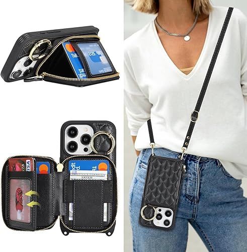 Miniatura 26 de Funda tipo cartera con bandolera para iPhone 15 Pro Max, funda de piel sintética con cierre de cremallera, funda tipo atril con ranuras para Oro