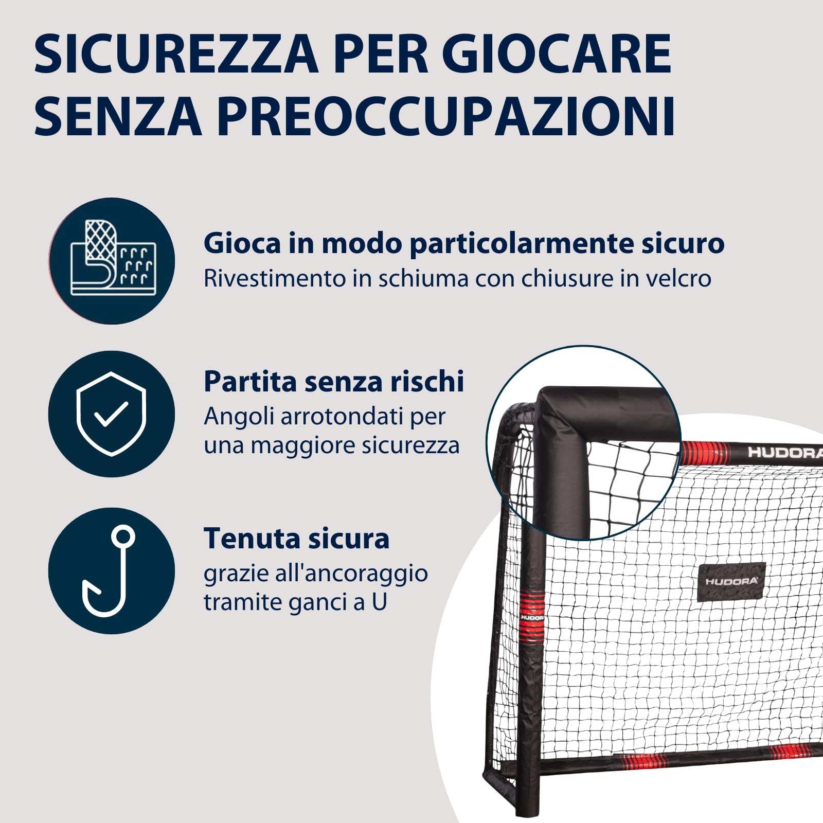 HUDORA Porta da calcio Pro Tect Grande, rivestita in gommapiuma con rete, antiurto