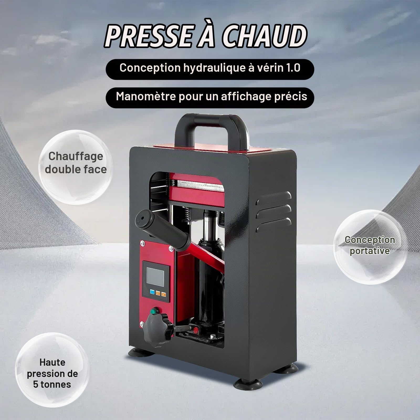 Presse hydraulique Rosin 5 tonnes - Presse à chaleur manuelle avec double plaques chauffantes et affichage numérique LED - Température réglable pour l'extraction des herbes et du pollen - Presse de
