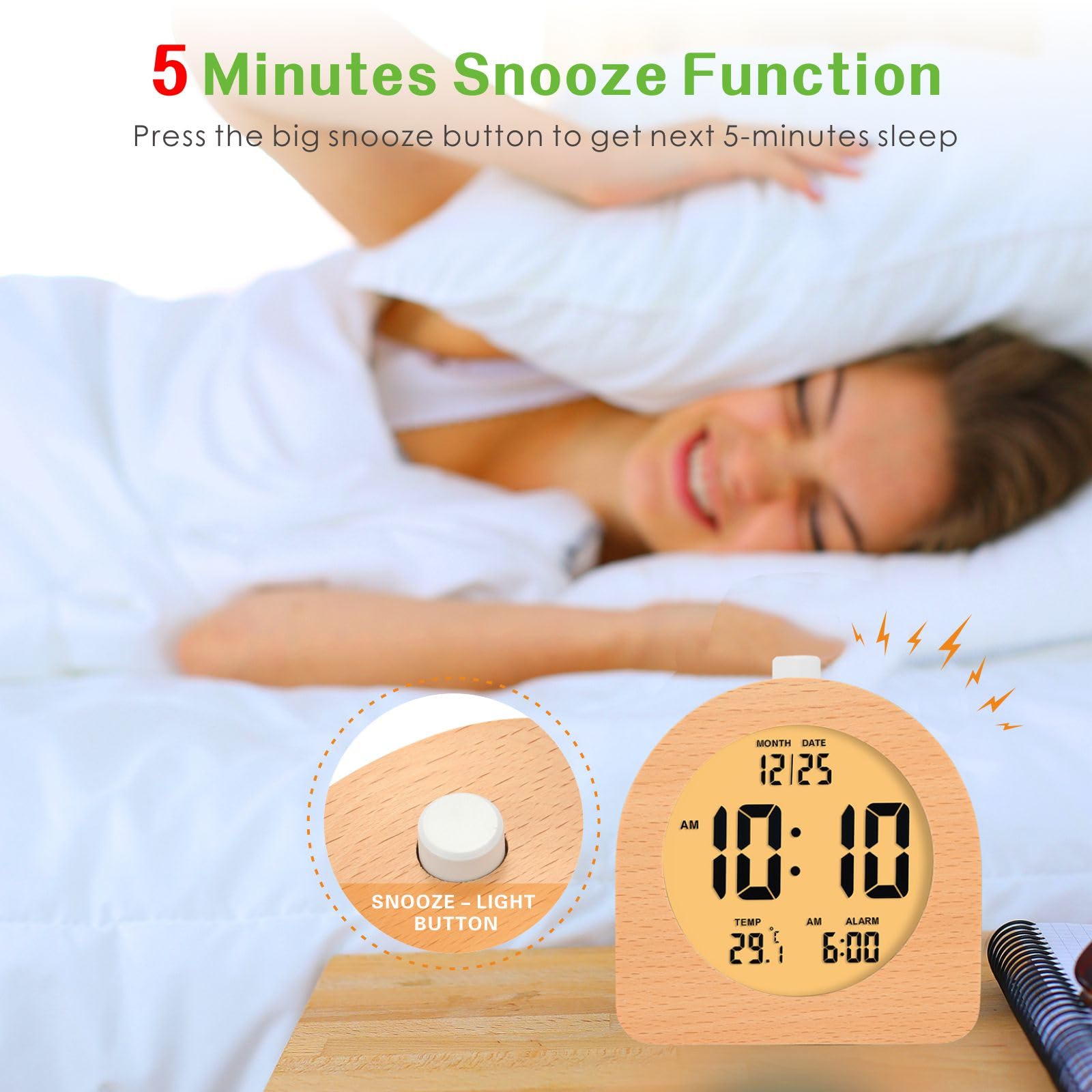 Plumeet Reloj despertador digital de madera para dormitorios, reloj despertador de madera de 4 pulgadas con repetición y luz nocturna, reloj electrónico LCD de escritorio que muestra la hora, fecha,