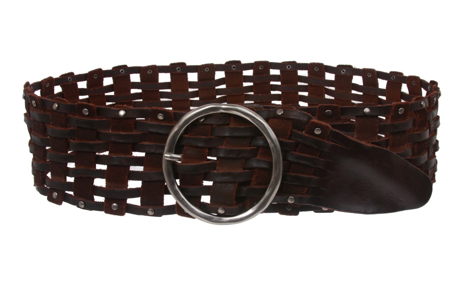 Cinturón redondo de piel para mujer, 7,6 cm de ancho, perforado, trenzado, estilo vintage, tejido macizo - Marrón - Small/Medium 69/79 cm