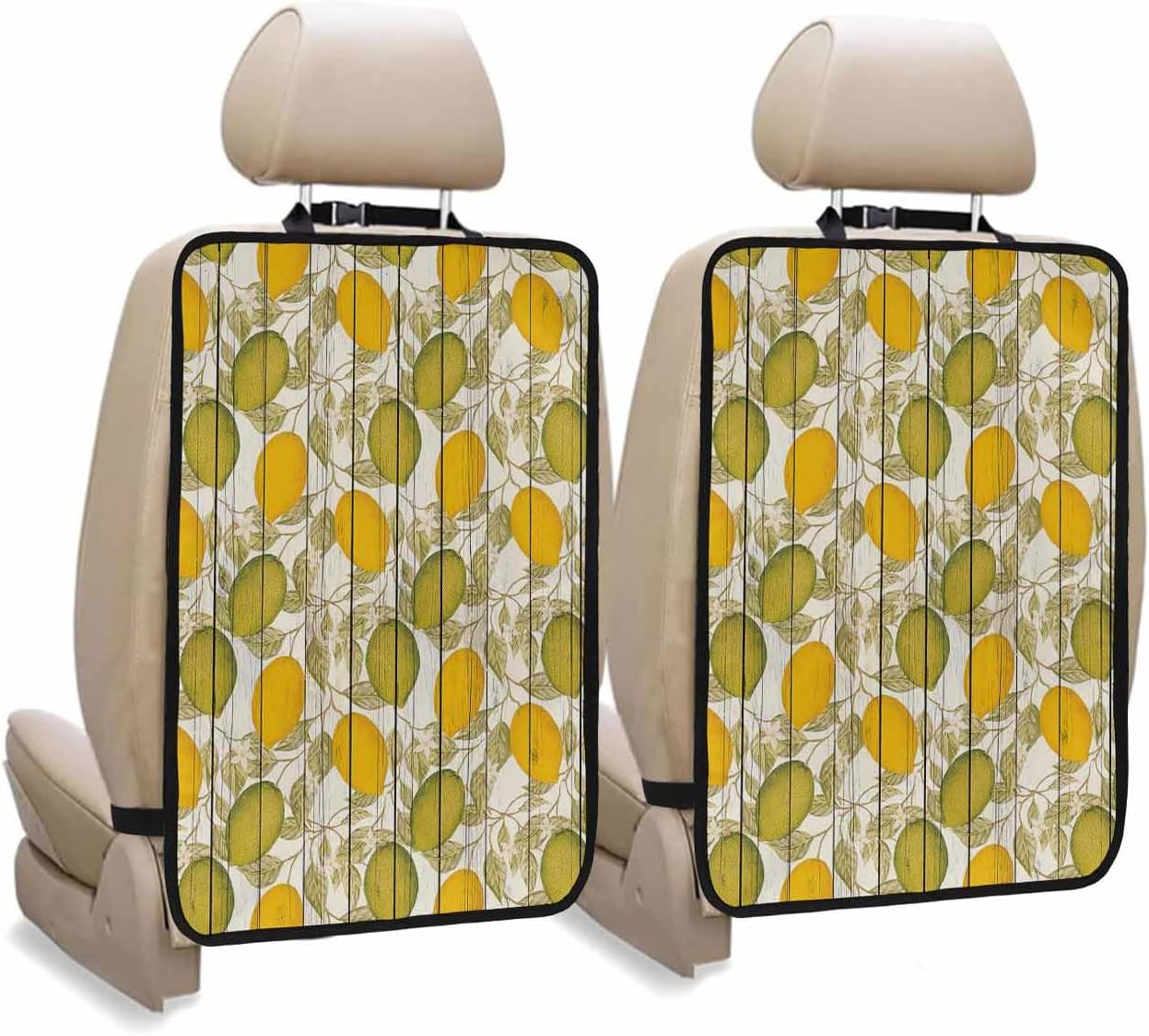 T&H XHome Car Seat Protector, 2 Pack Kick Mats Back Seat Protector Summer Lemon with Leaves Wooden Waterproof Backseat Cover for Kids Universal Fit Automotive Interior Protectors