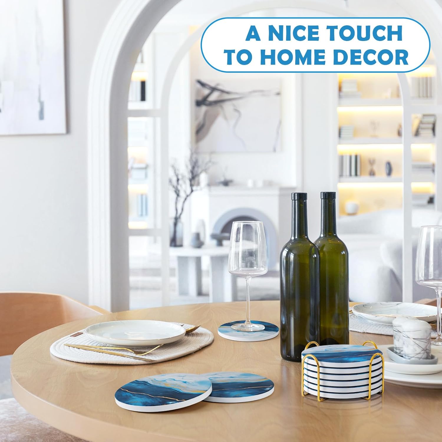 GOH DODD Coasters for Drinks Set of 6, Absorbent Marble Style Ceramic Coaster Tabletop Protection Home Decor with Metal Holder for Coffee Table, Housewarming Gifts Wedding Party, Blue, Round, 4 Inch - Image 4