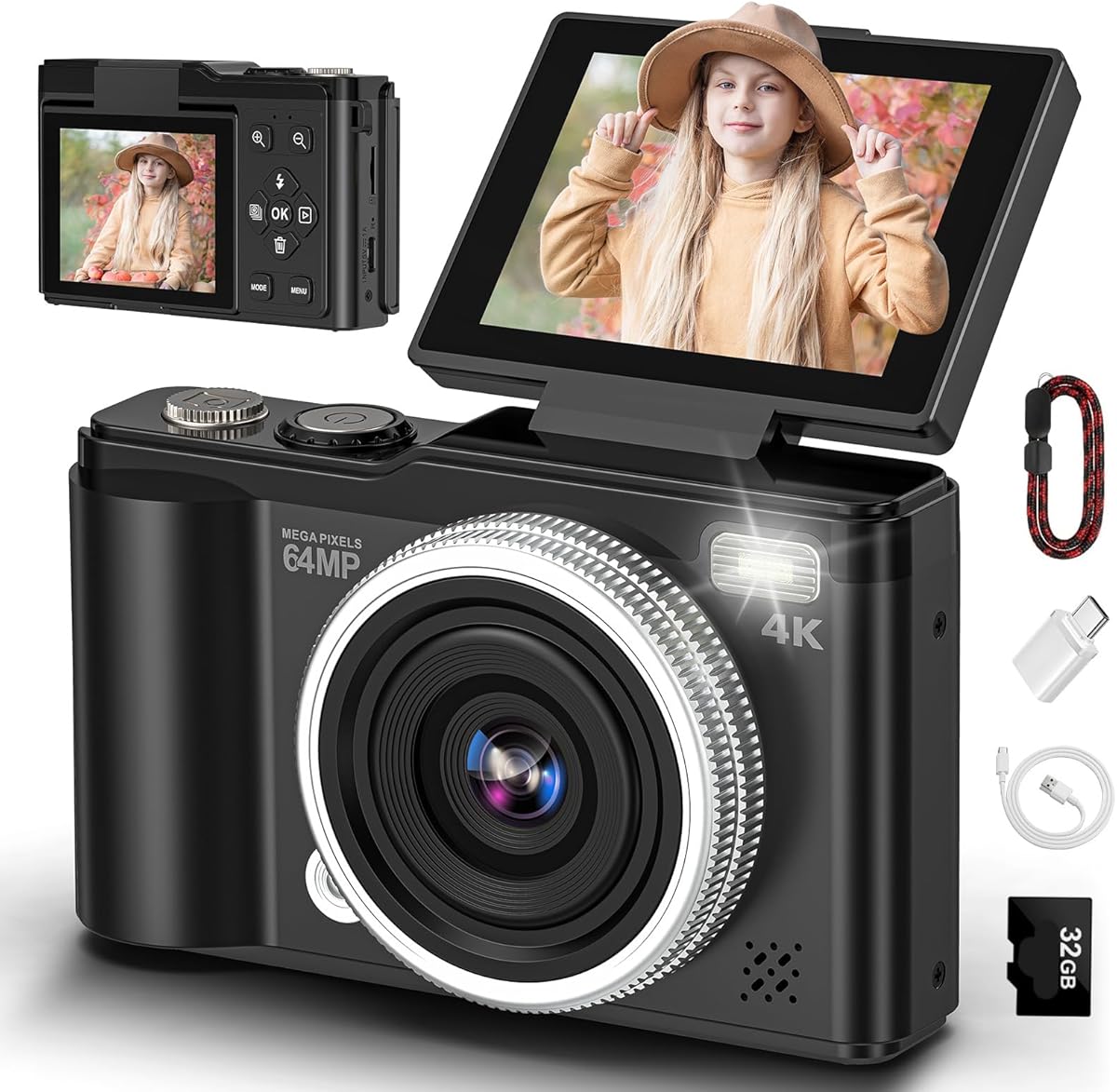 4K 64MP Digital Camera with 32GB TF Card, 180° Flip Screen Autofocus Camera with Macro Function and 16x Digital Zoom, Compact Camera with USB Cable for Teenagers Boys and Girls