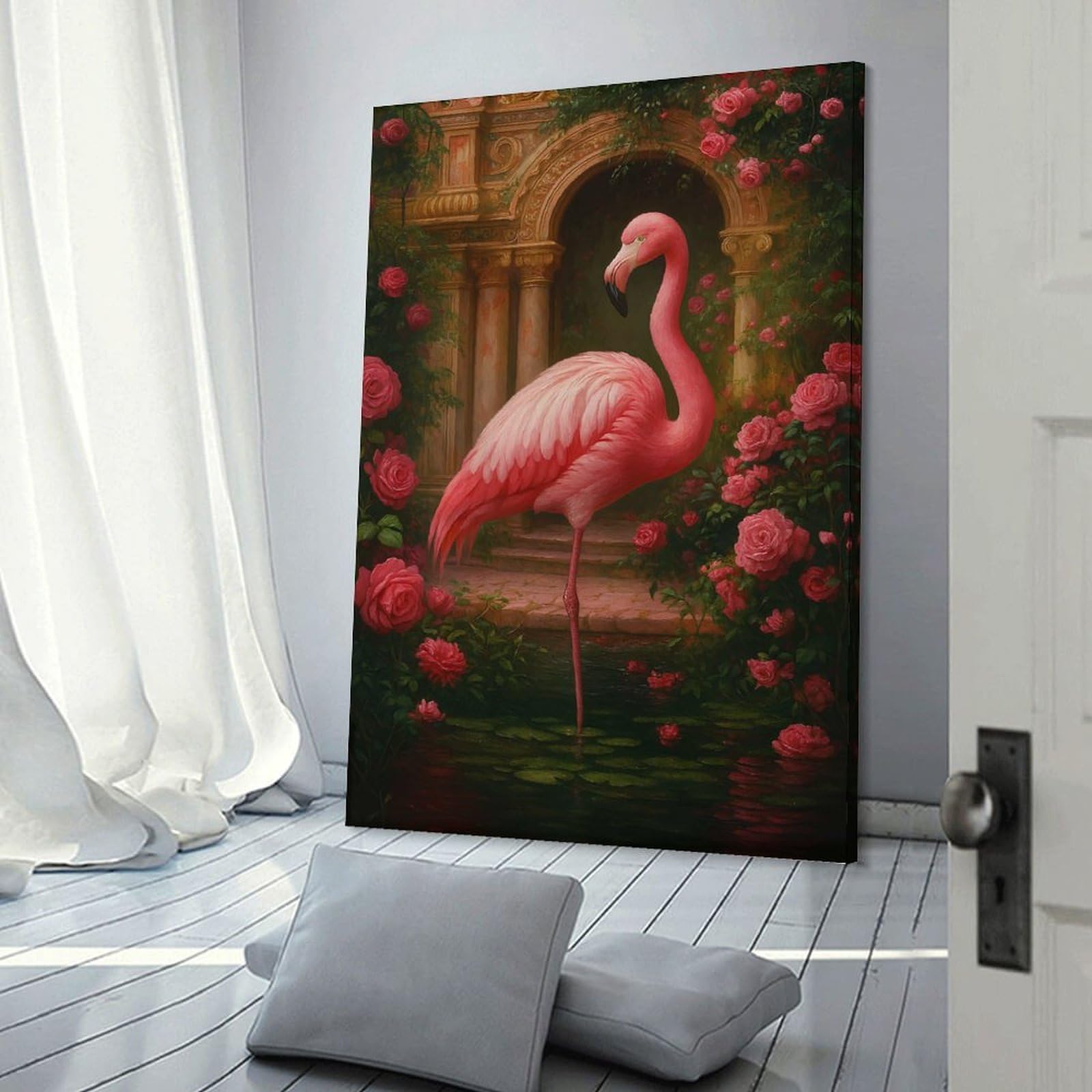 Junmoney Flamingo in Rose Garden Painting Room Decor Wall Art, 08x12inch(20x30cm), for Bedroom Walls, Guest Spaces Or Lounges, Stylish Decor for A Restful Room Update