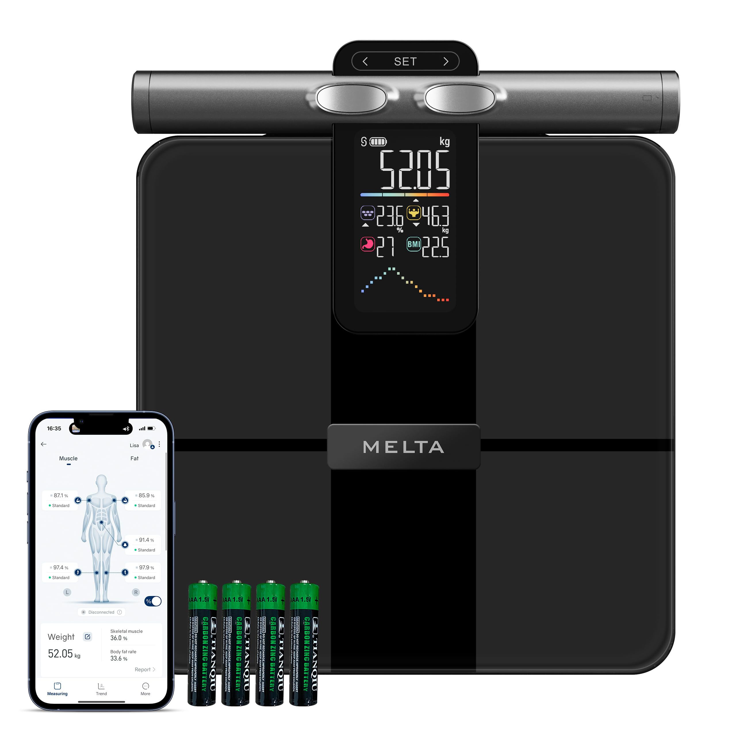 MELTA. Balance Pèse Personne Connecté Intelligent, Balance Impédancemètre 8 Électrodes, Analyse Corporelle Complète, Écran Couleur, 58 Mesures, Bluetooth 5.0, Application Fitdays+, 180kg/400lb