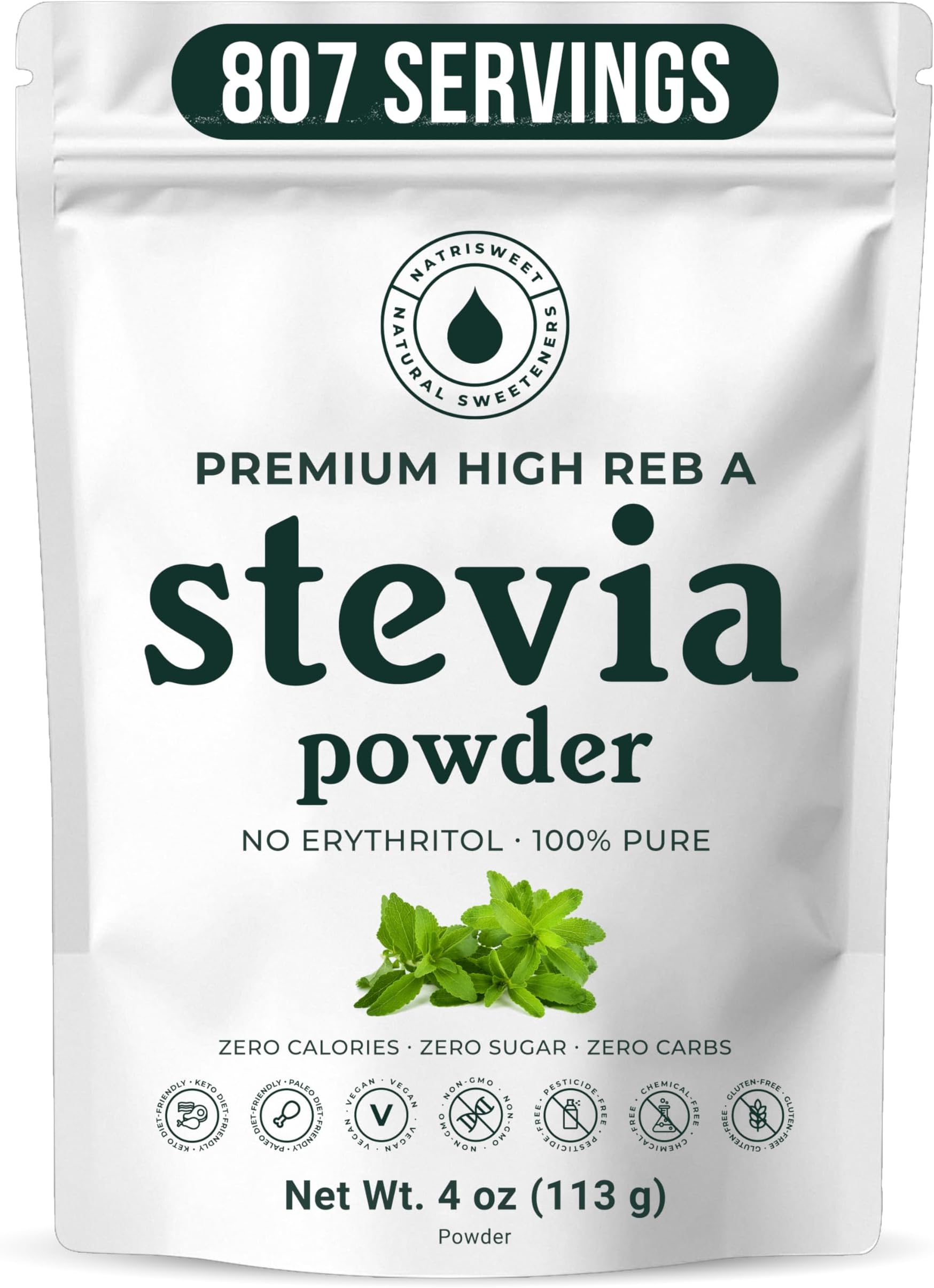 Premium Pure Stevia Extract Powder, Natural Stevia Extract Sweetener Powder for Baking and Beverages - No Aftertaste, Non-GMO, Keto Friendly, 807 Servings, 4 oz (113 g)