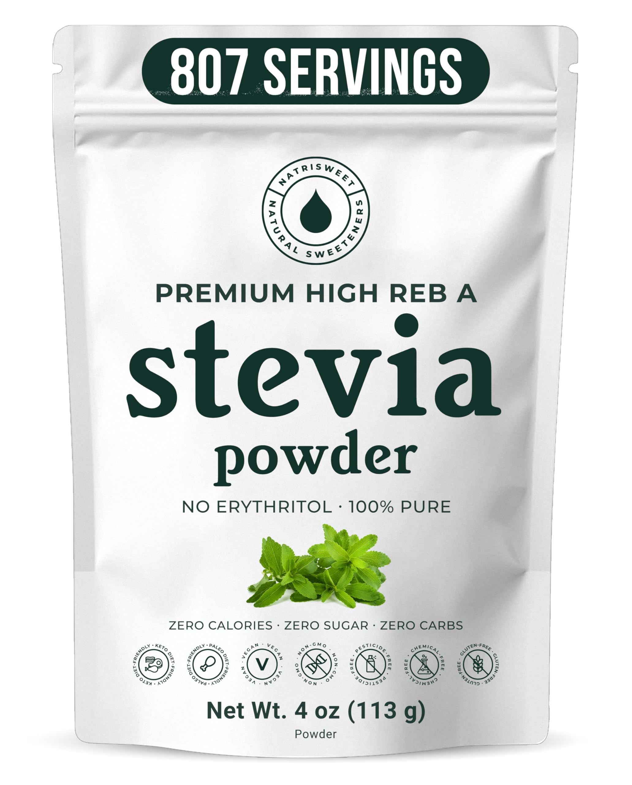 Stevia en polvo puro de alta calidad, extracto de estevia en polvo natural para hornear, edulcorante cero calorías, sin rellenos, sin regusto, apto para dieta cetogénica sin OMG, 810 porciones, 113 g