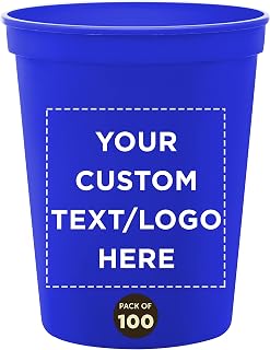 DISCOUNT PROMOS Custom Plastic Stadium Cups 16 oz. Set of 100, Personalized Bulk Pack - Perfect for Birthdays, Weddings, Picnic, Beach, Parties - Blue