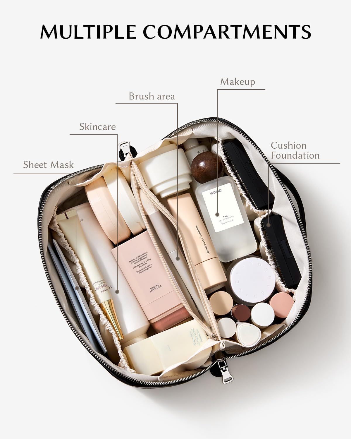 EACHY Travel Makeup Bag, Lychee Leather Large Capacity Cosmetic Bag for Women, Open Flat Toiletry Bag with TPU Brush Compartment, Waterproof Skincare Organizer Travel Essentials - Image 3