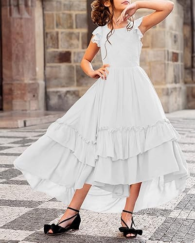 Miniatura 7 de HOSIKA Vestido de encaje bohemio para niña, con mangas con volantes, acampanado, formal, para boda, fiesta, 6-12 años