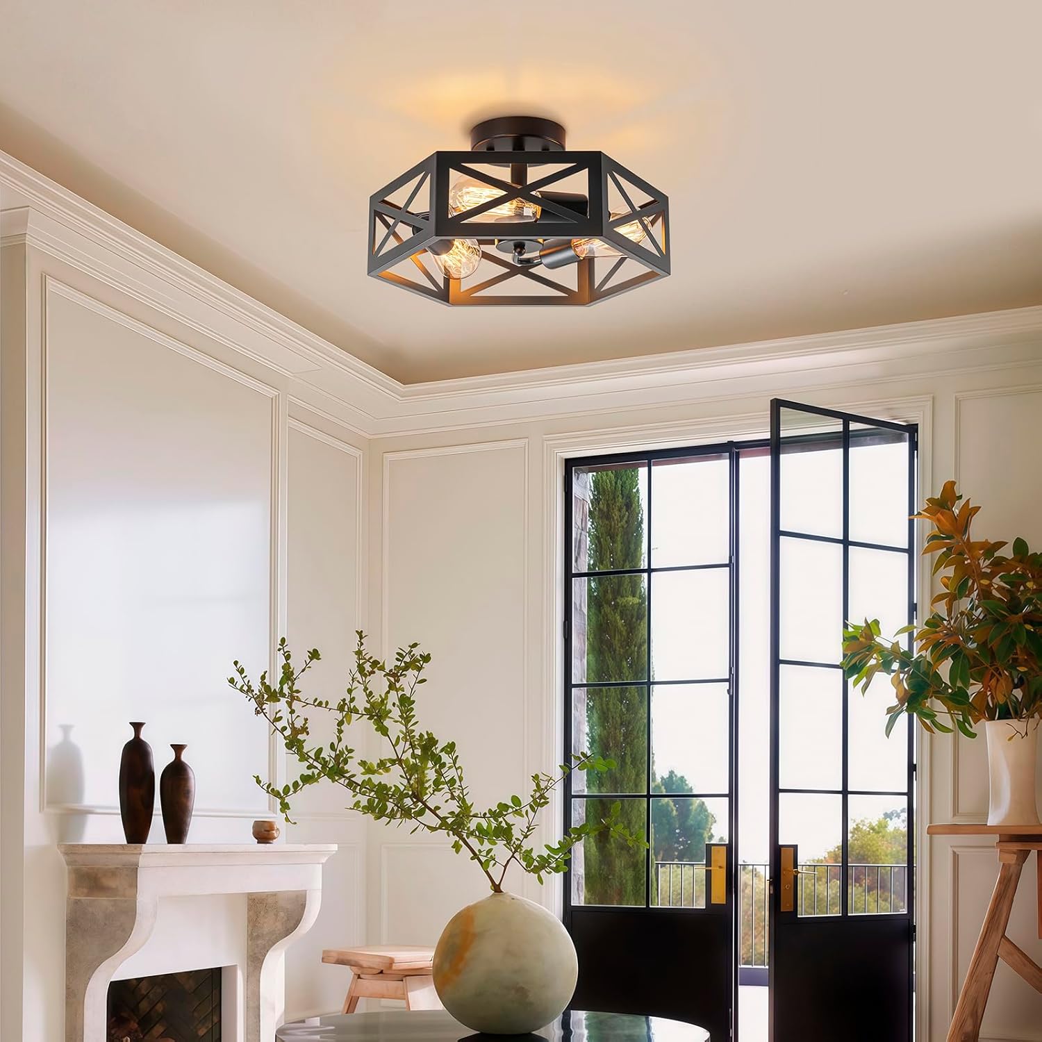 Rustic Foyer Lighting Fixtures, Industrial Semi Black Hexagon Black Farmhouse Kitchen Lighting Fixtures Ceiling for Bedroom Hallway Bathroom 14.5 in