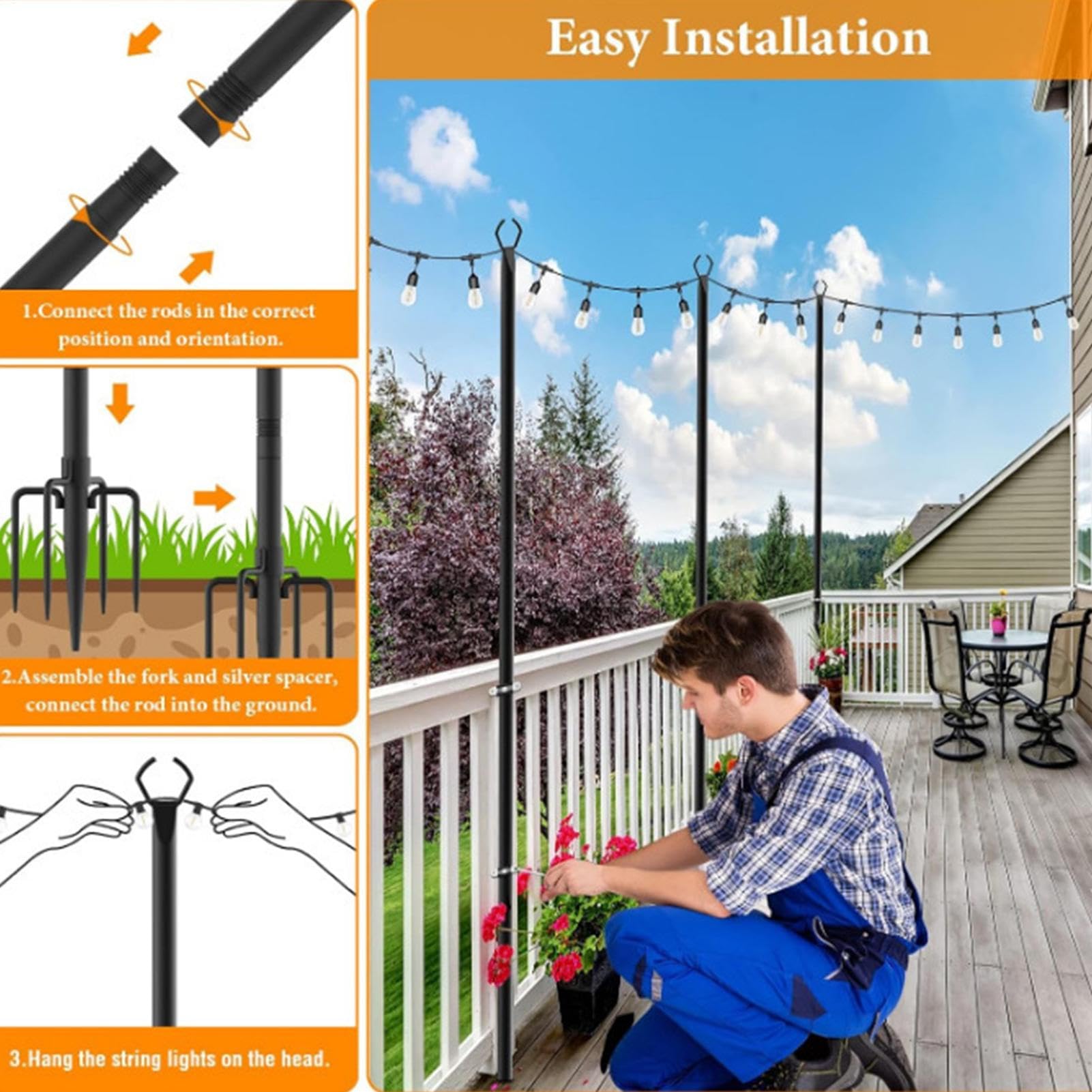 Poteaux d'éclairage de jardin Lot de 2 – Tige de support extérieur en métal robuste avec ancrages pour guirlandes lumineuses