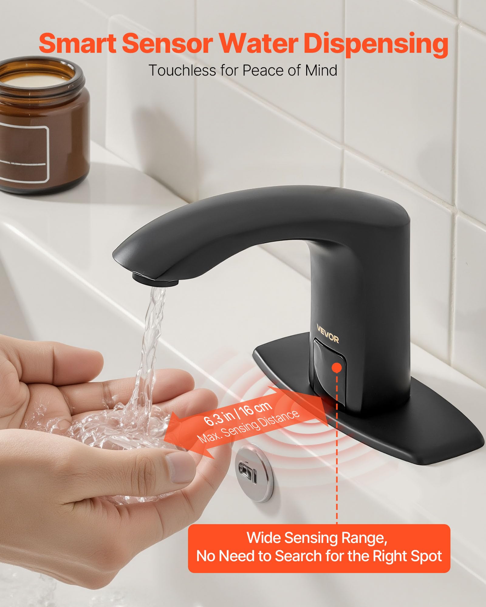 VEVOR Grifo de Lavabo sin Contacto, Grifo Automático para Baño, Alta Resistencia al Agua, con Sensor Manos Libres y Ajustable, Agua Fría/Caliente, a Pilas, Negro Mate, 160 x 45 x 130 mm, 7,6 L/min