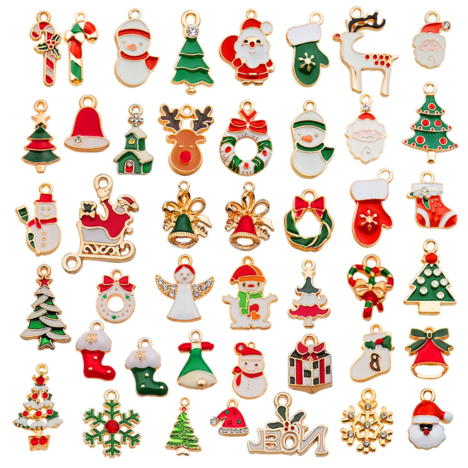 Rumyve 50Pcs Gold-Plated Christmas Enamel Charms Set, Santa Claus, Reindeer, Snowman Resin Charms