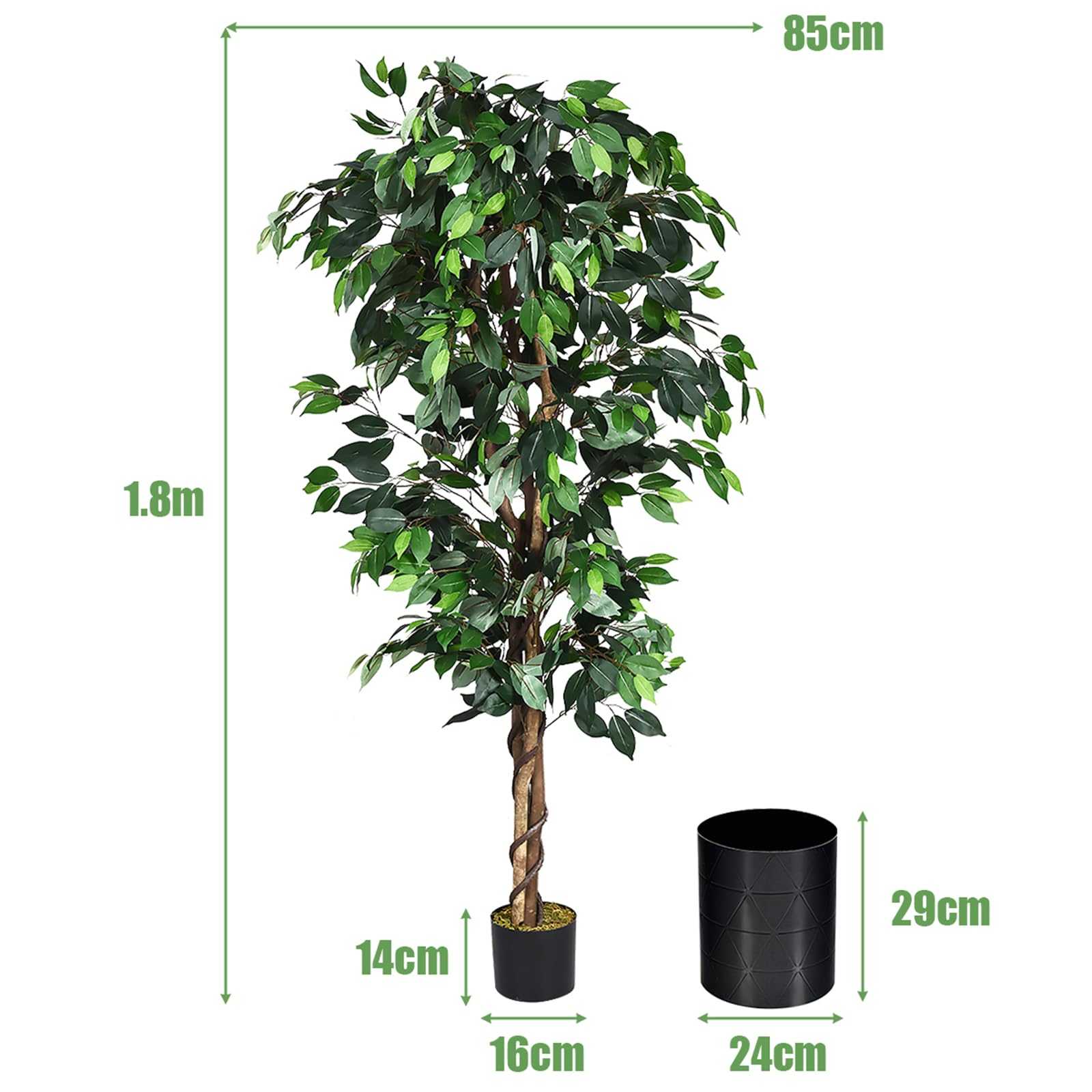 COSTWAY Pianta Finta da Interno da 180 cm, Albero Ficus Artificiale Elegante in Vaso, Pianta Artificiale per Salotto, Camera da Letto e Balcone