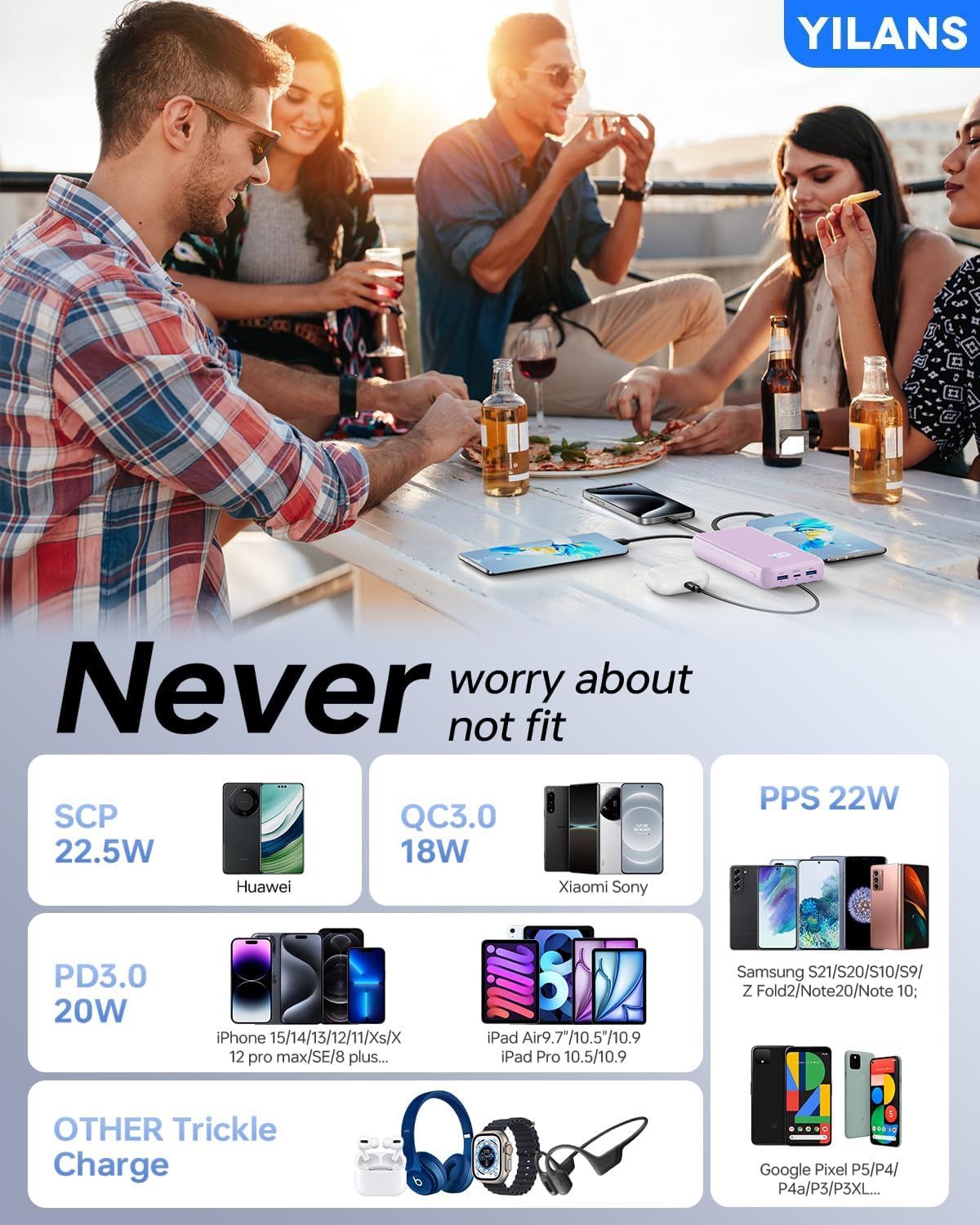 Cargador portátil, banco de energía de 42800 mAh con cable integrado, carga rápida PD USB C de 22,5 W entrada y salida, paquete de batería externa con 6 salidas y 2 entradas, cargador de - imagen 4