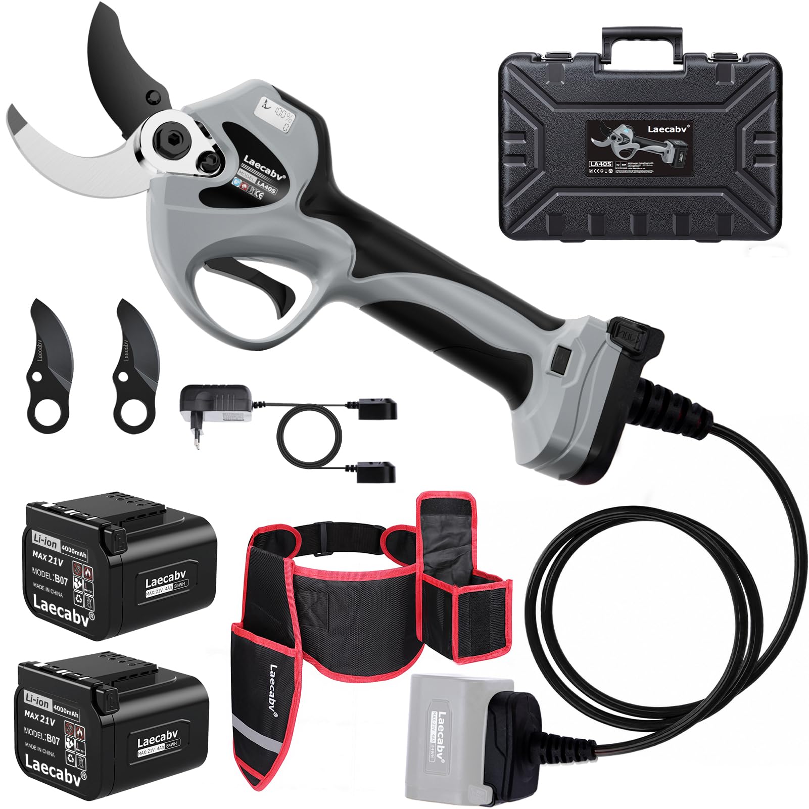 Laecabv 40mm Forbici Potatura a Batteria, Professionali, LCD,2 Batterie di Litio da 4Ah, Taglio Progressivo, Forbici Potatura Elettriche da Cesoie Olivo Vigneto (LA40SGYBK)