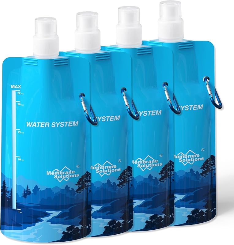 Botella de agua plegable de 23 oz con mosquetón | Sistema de filtración de agua plegable, sin BPA, a prueba de fugas para acampar, senderismo, ciclismo, Yoga, deportes, elementos esenciales al aire libre