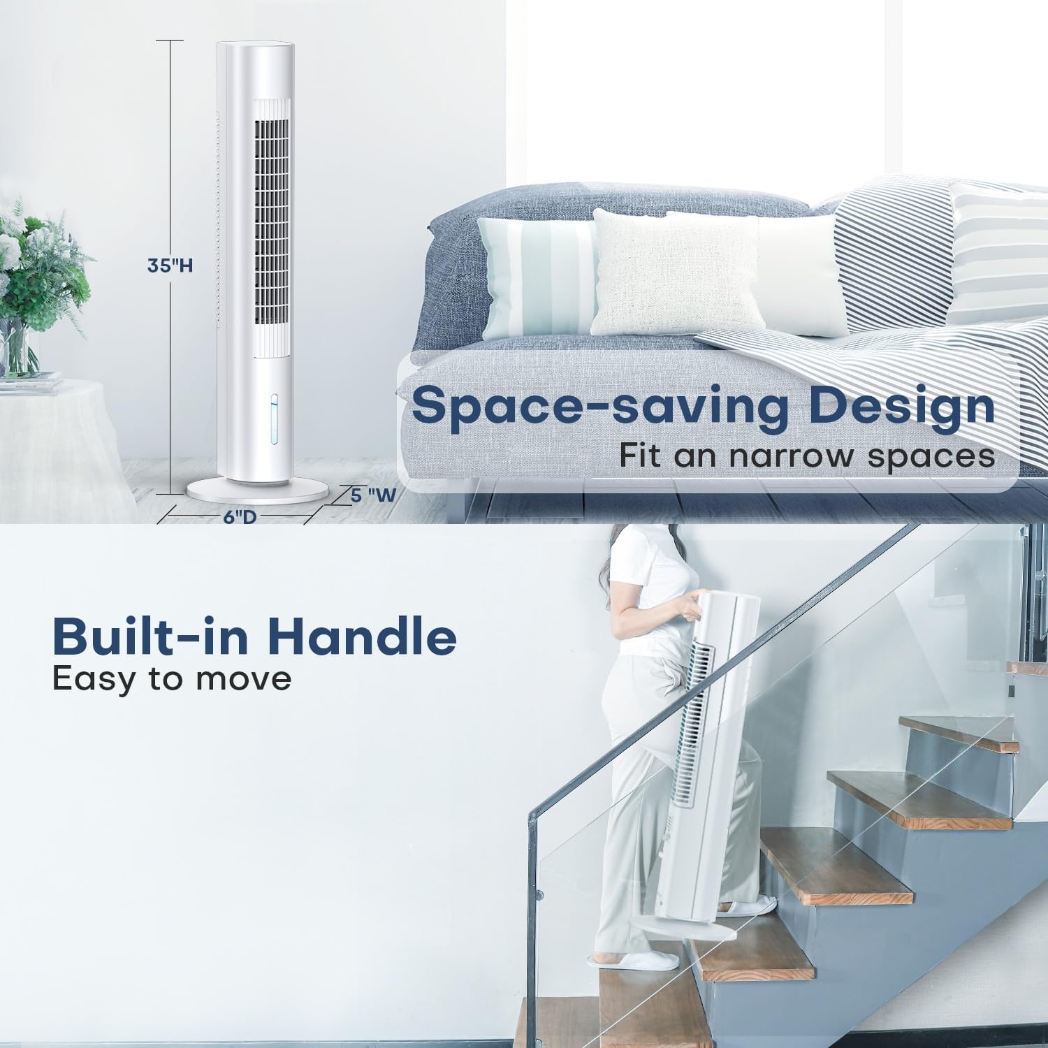 Evaporative Air Cooler, 35" Windowless Air Conditioner Portable w/3 Speeds, 25ft Remote, Smart Timer & Water Tank, Portable Air Conditioners No Windows Needed, 90°Oscillating AC Unit for Room