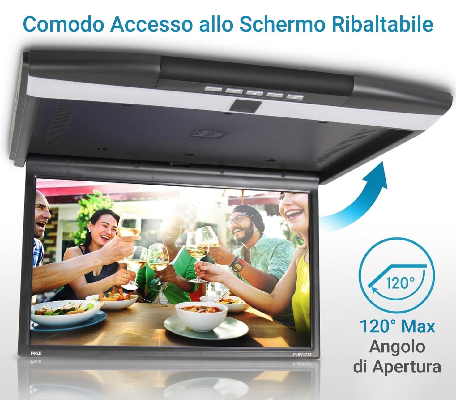 Pyle Schermo per Auto, Monitor 43,9 cm, Monitor LCD Ribaltabile da Tetto per Veicolo, HDMI, Trasmettitore IR Integrato per Cuffie Wireless, Pannello Comandi