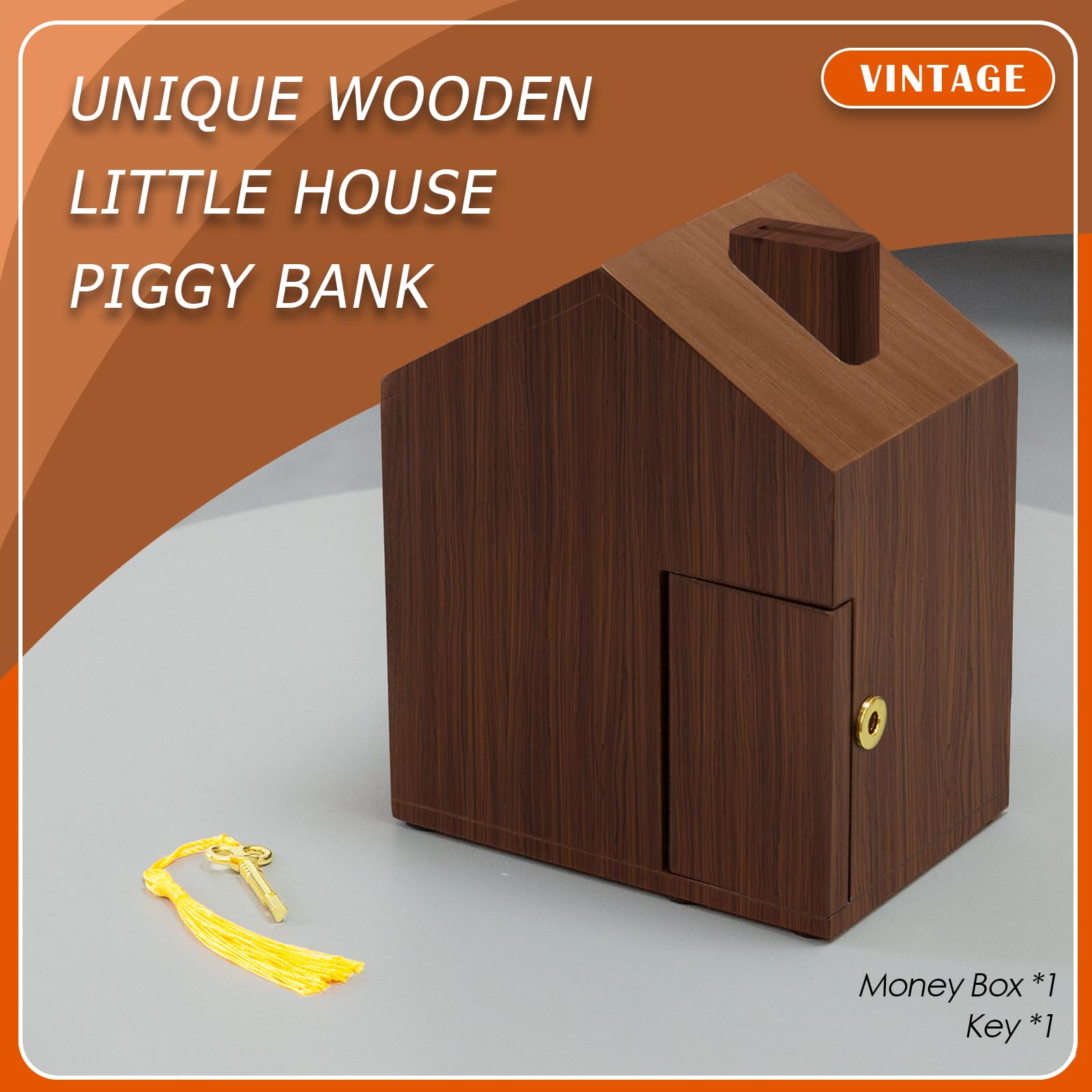 FMYSUSUXY Vintage Unique Wooden Coin Small House Piggy Bank Dual Currency Piggy Bank Home Office Desktop Decorations Multifunctional Deposit Gift