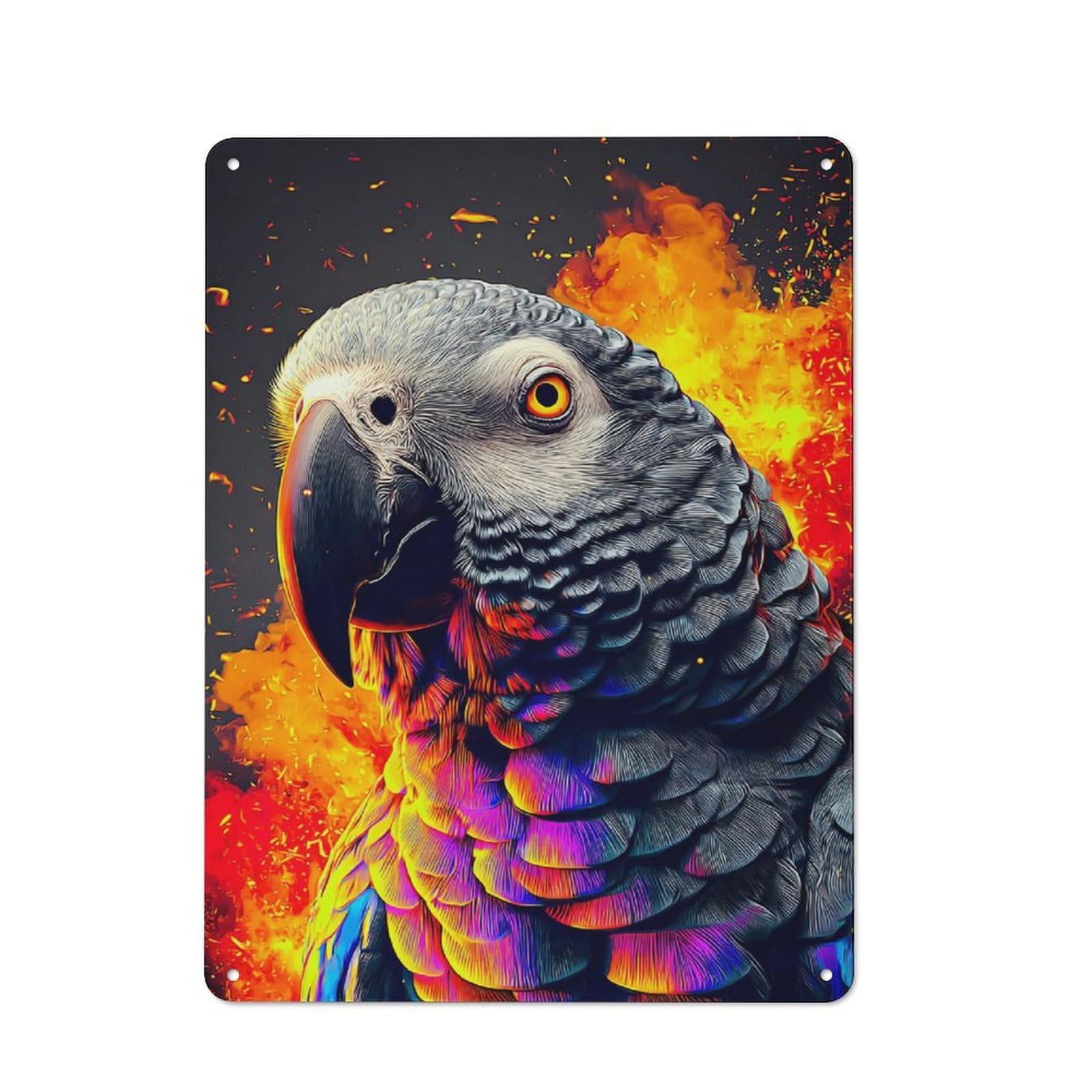 Junmoney Parrot In Flames Vibrant Artwork Retro Metal Plaque 40X30cm For Lounge Or Reading Corner, Suited To Lounge Decor Fans