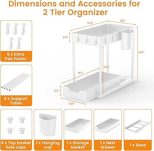 Miniatura 4 de EWU Organizadores y almacenamiento para debajo del fregadero, organizador de 2 niveles para debajo del fregadero con cajón de almacenamiento